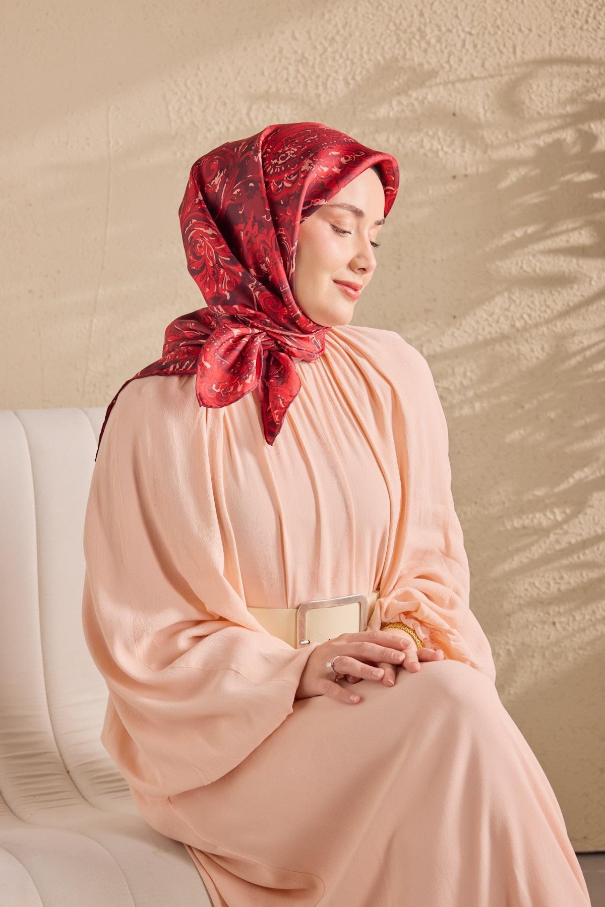 Twill İpek Eşarp Royale Şal Desen Bordo 90x90