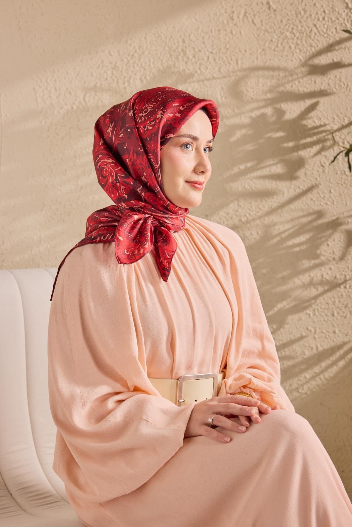 Twill İpek Eşarp Royale Şal Desen Bordo 90x90