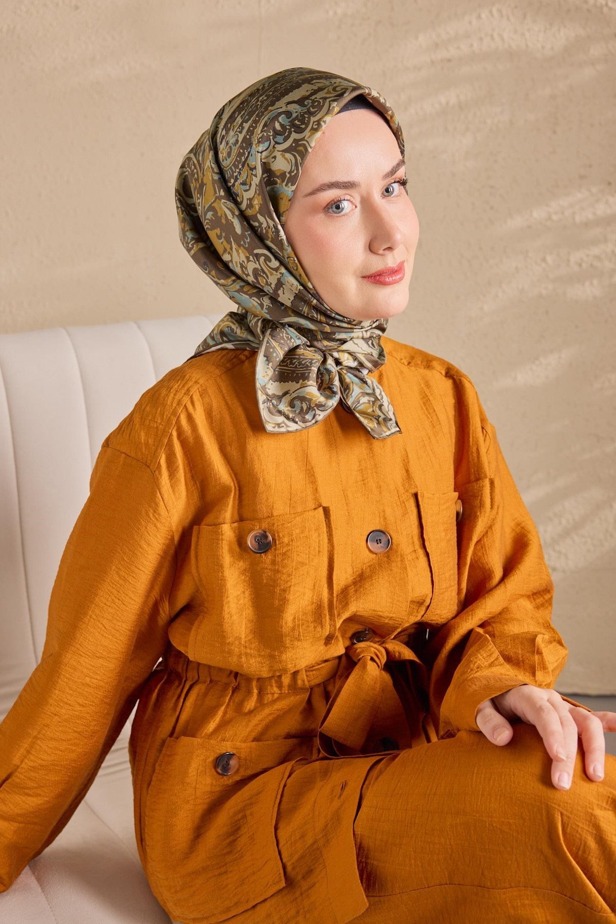 Twill İpek Eşarp Royale Şal Desen Kahve Yeşil 90x9