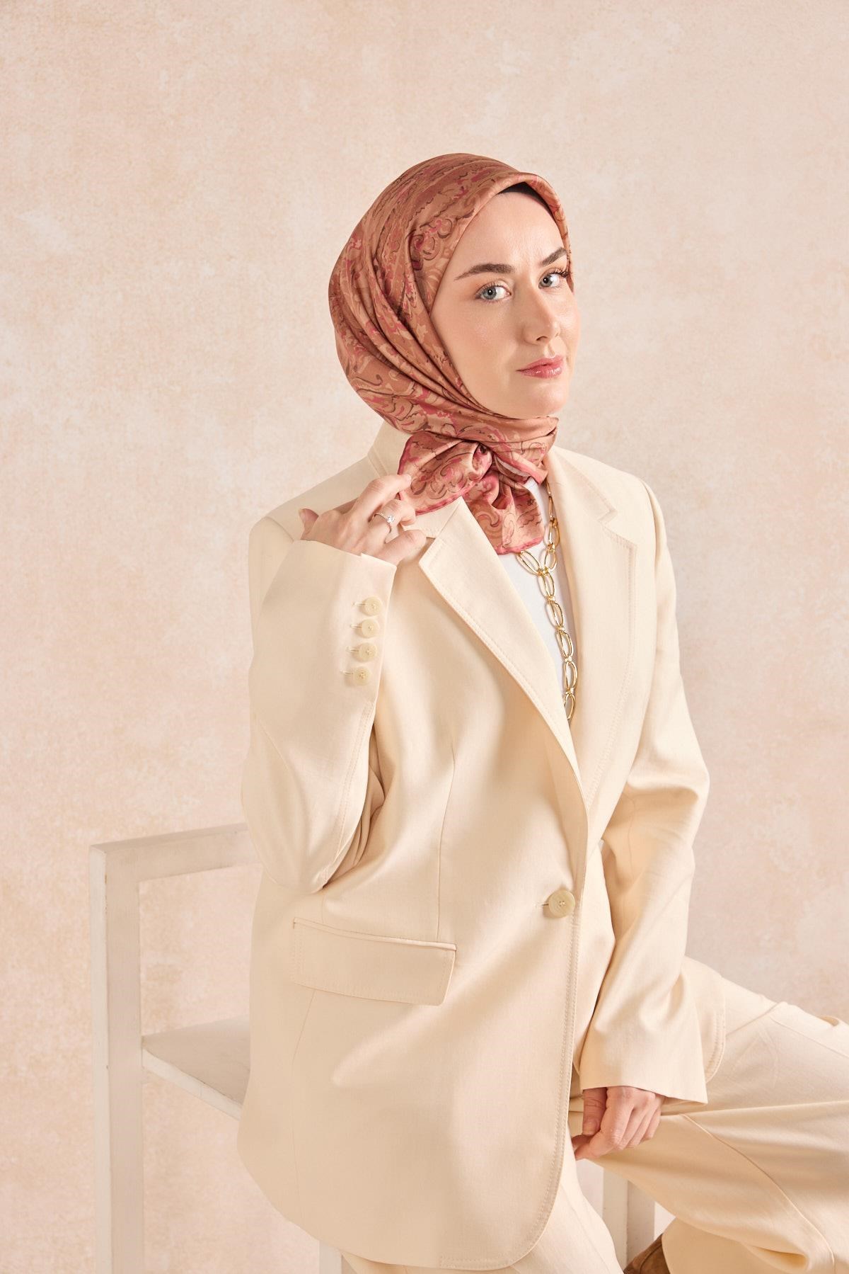 Twill İpek Eşarp Royale Şal Desen Kiremit 90x90