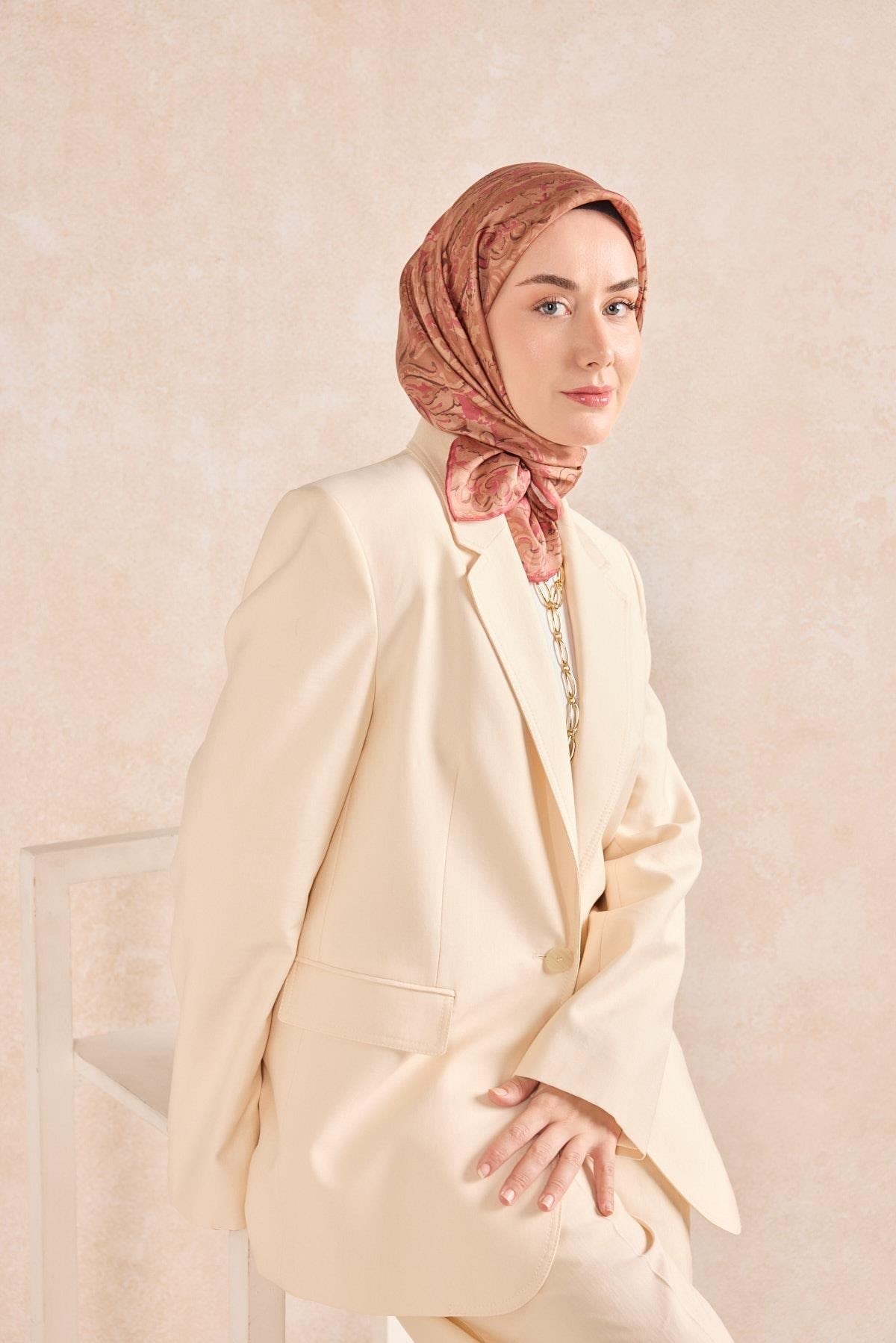 Twill İpek Eşarp Royale Şal Desen Kiremit 90x90