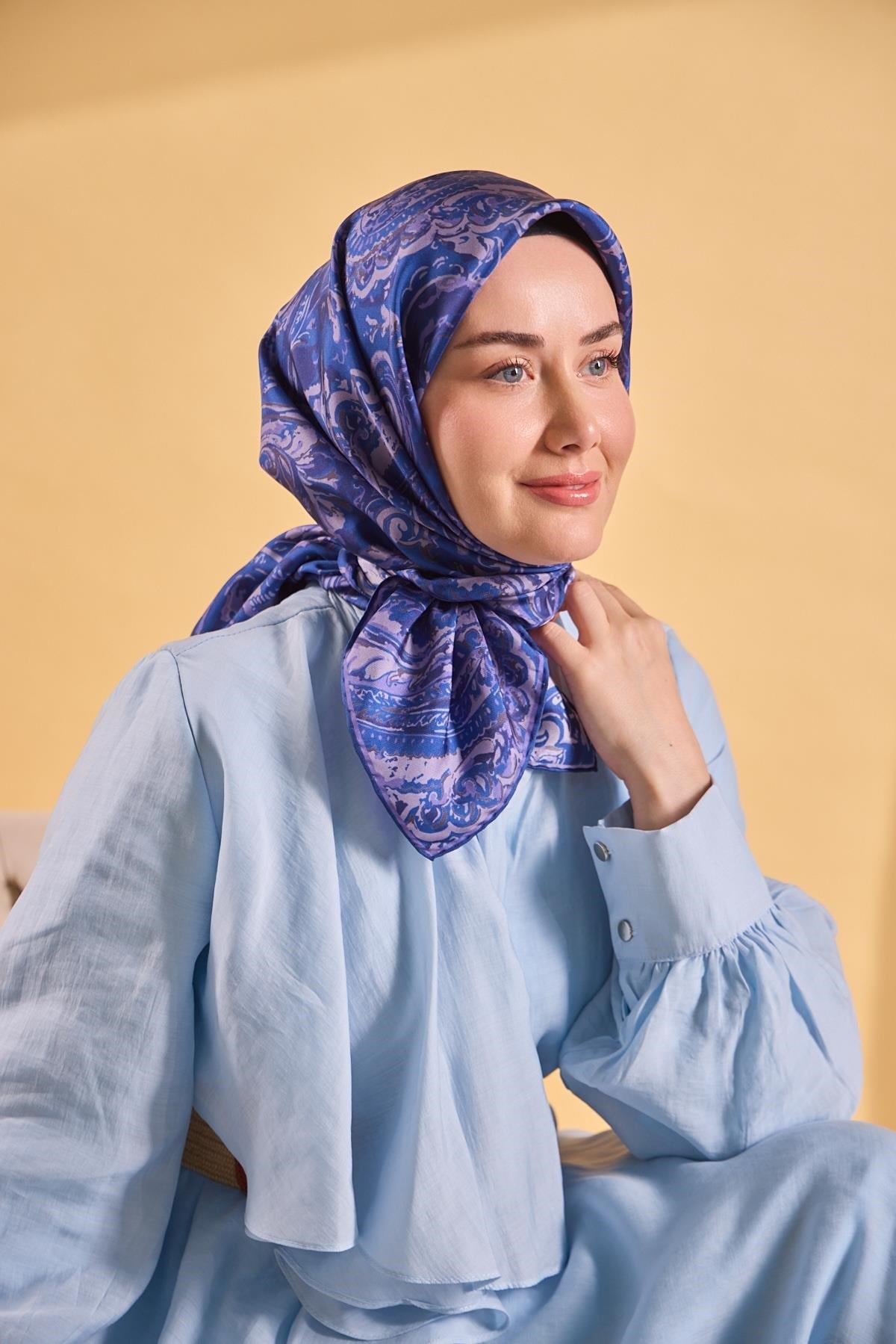 Twill İpek Eşarp Royale Şal Desen Koyu Mavi 90x90