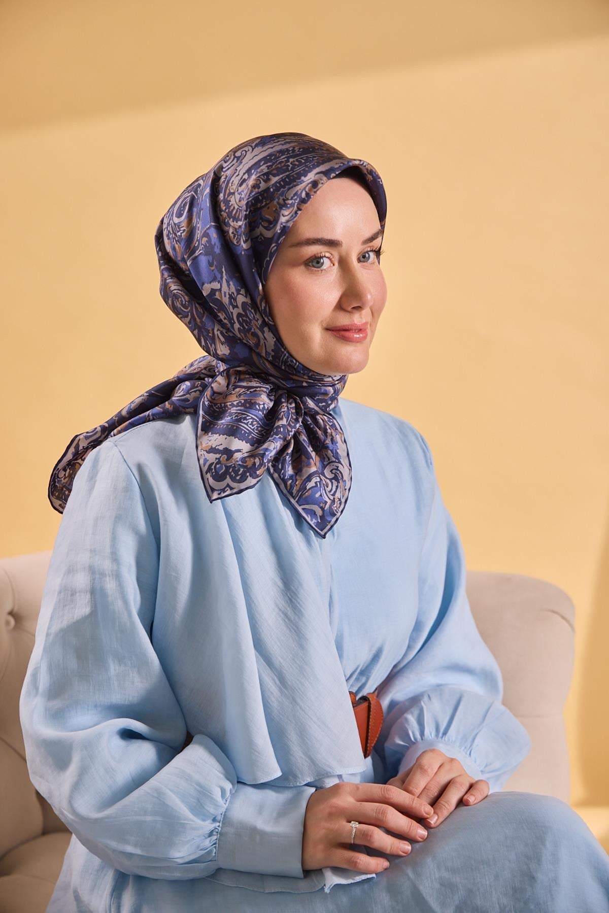 Twill İpek Eşarp Royale Şal Desen Lacivert 90x90