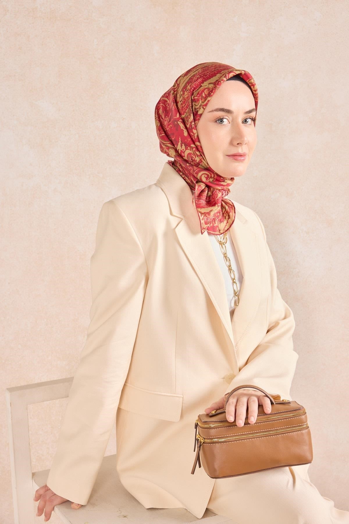 Twill İpek Eşarp Royale Şal Desen Pembe-Kırmızı 90