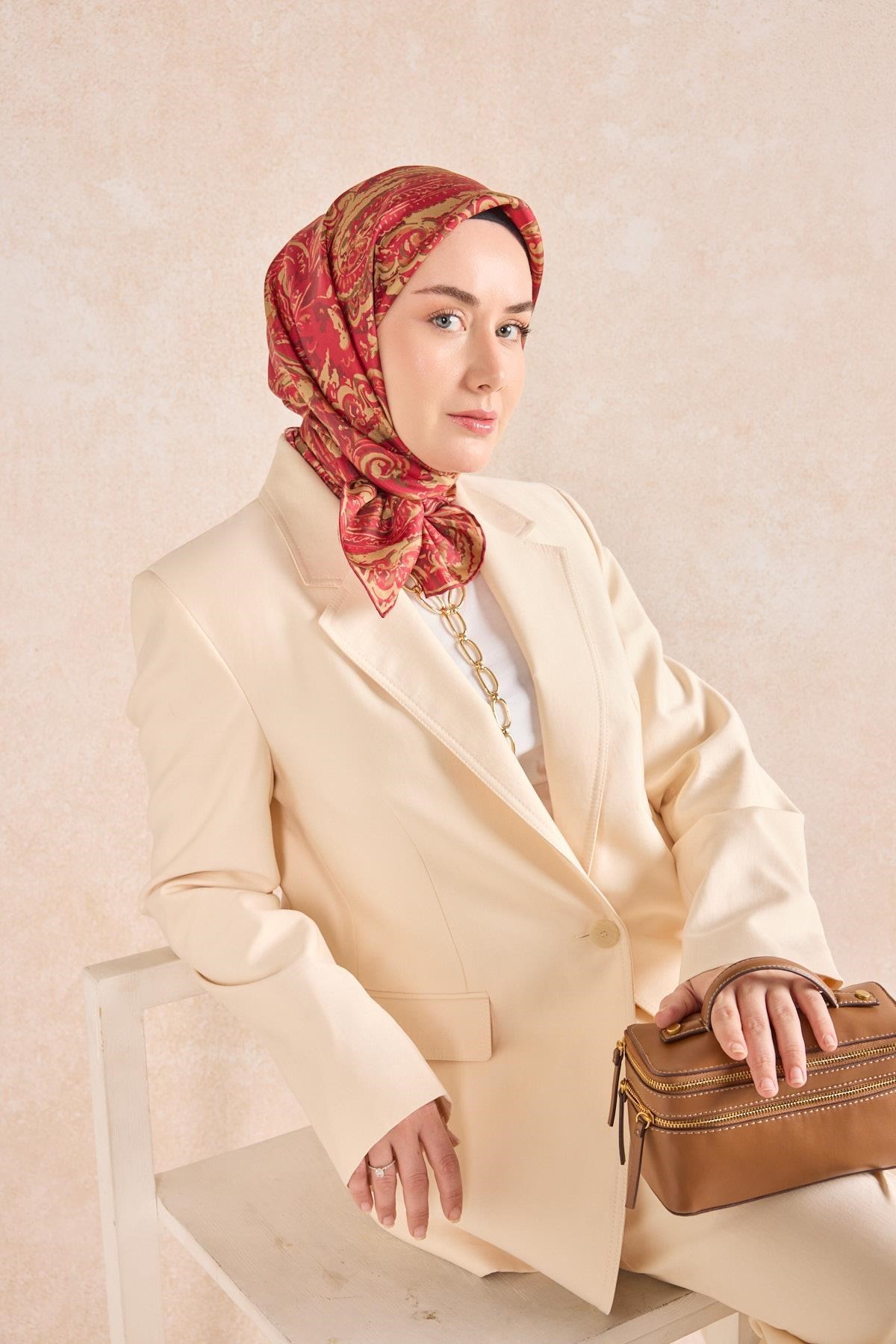 Twill İpek Eşarp Royale Şal Desen Pembe-Kırmızı 90