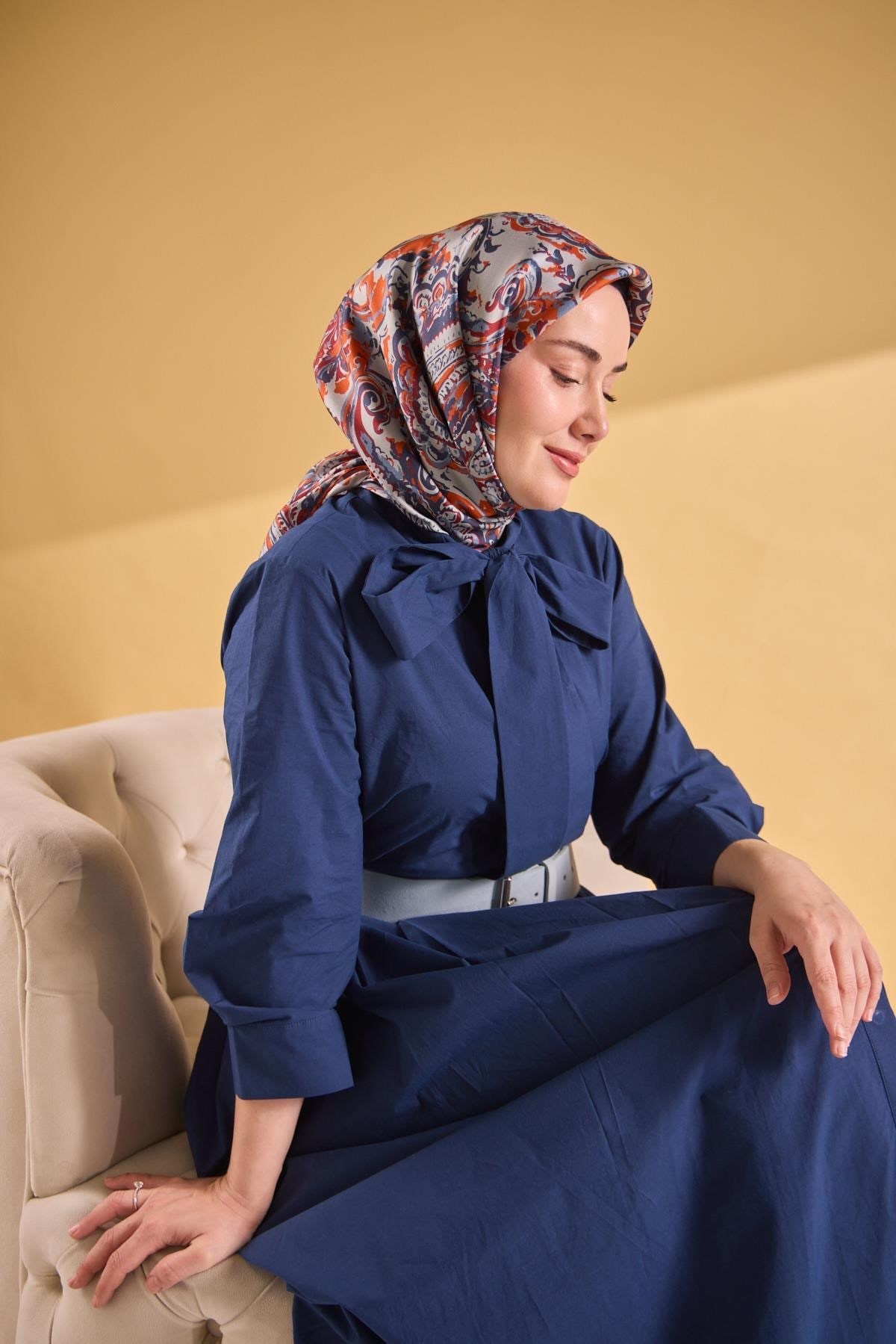 Twill İpek Eşarp Royale Şal Desen Turuncu 90x90