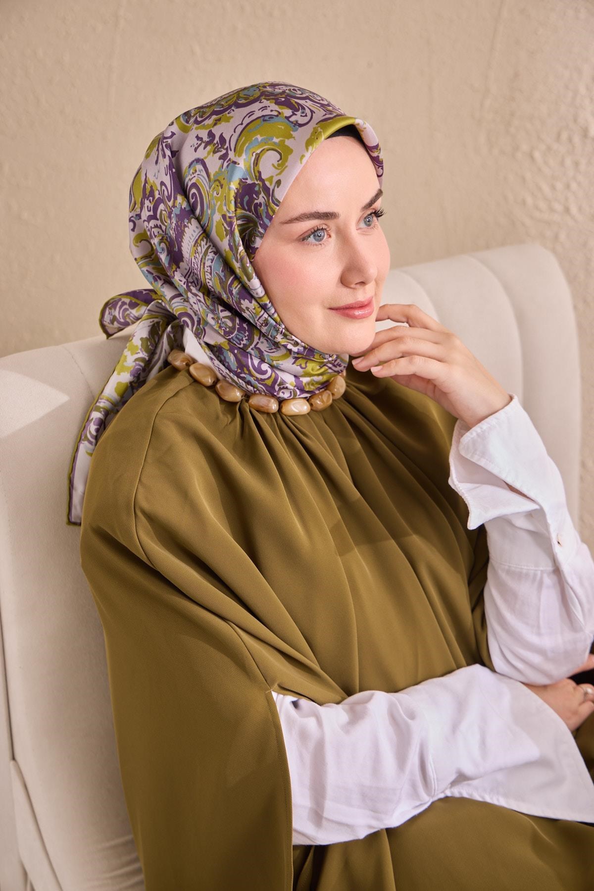 Twill İpek Eşarp Royale Şal Desen Yağ Yeşili 90x90