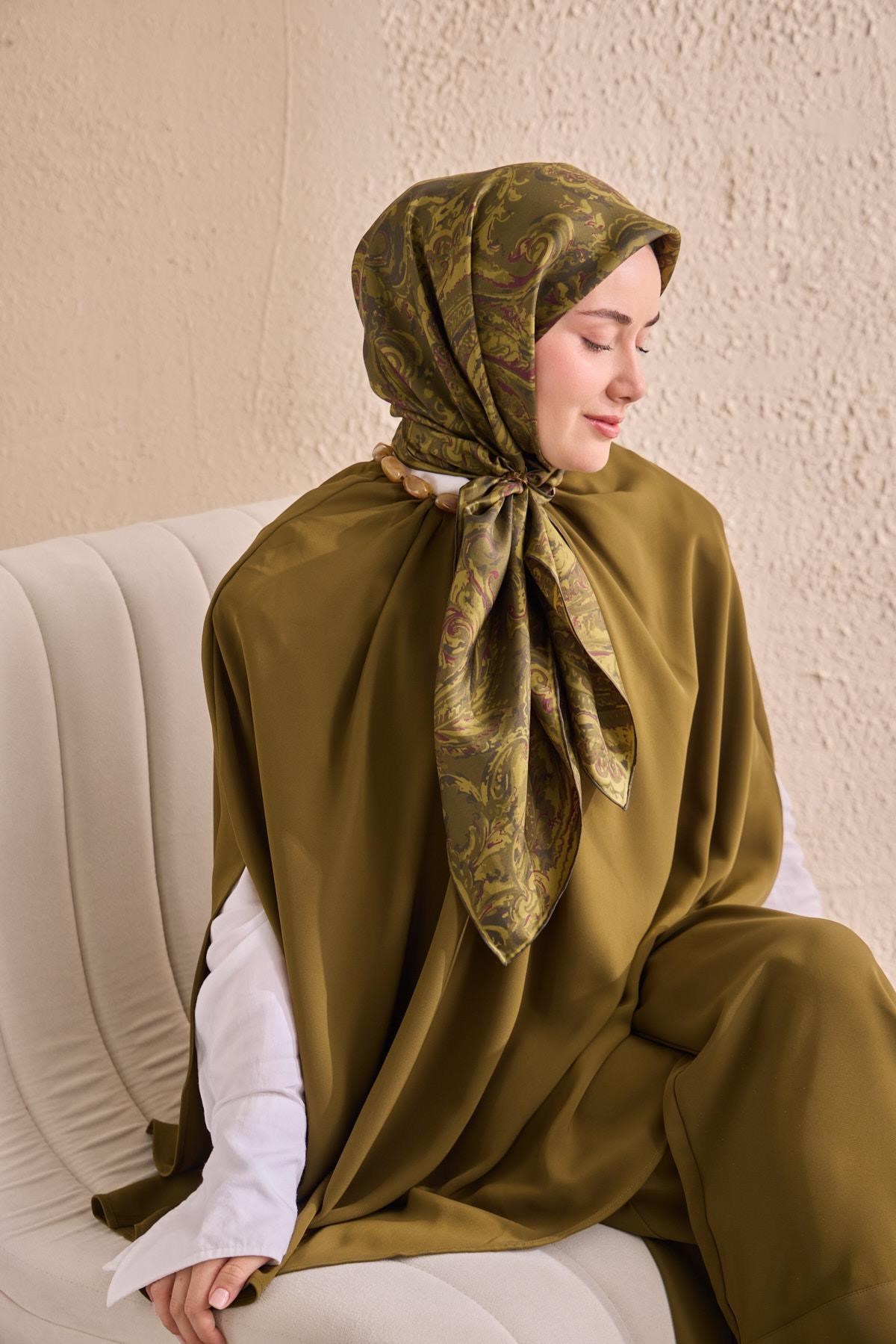Twill İpek Eşarp Royale Şal Desen Yeşil 90x90