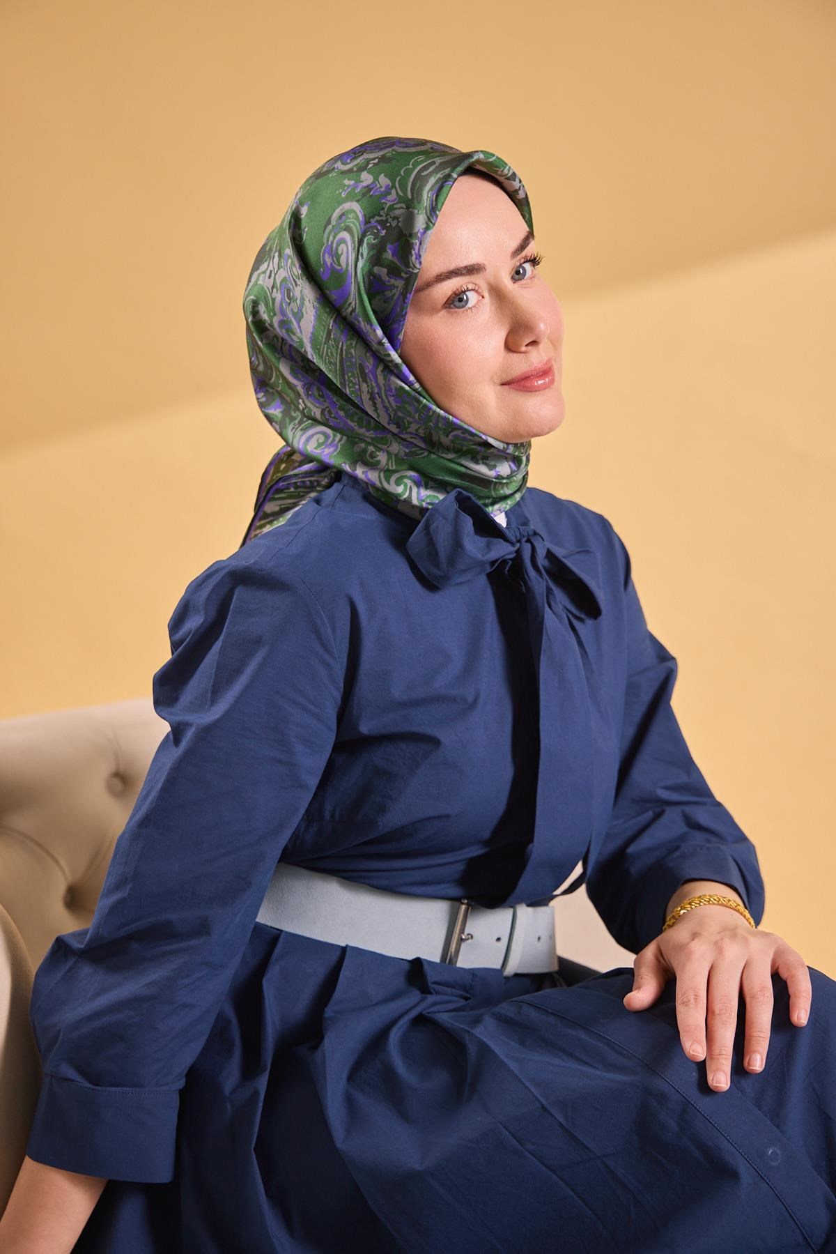 Twill İpek Eşarp Royale Şal Desen Yeşil 90x90