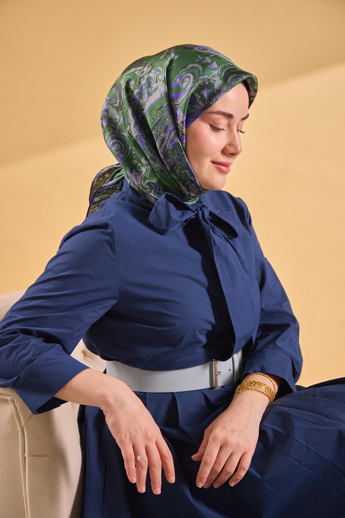 Twill İpek Eşarp Royale Şal Desen Yeşil 90x90