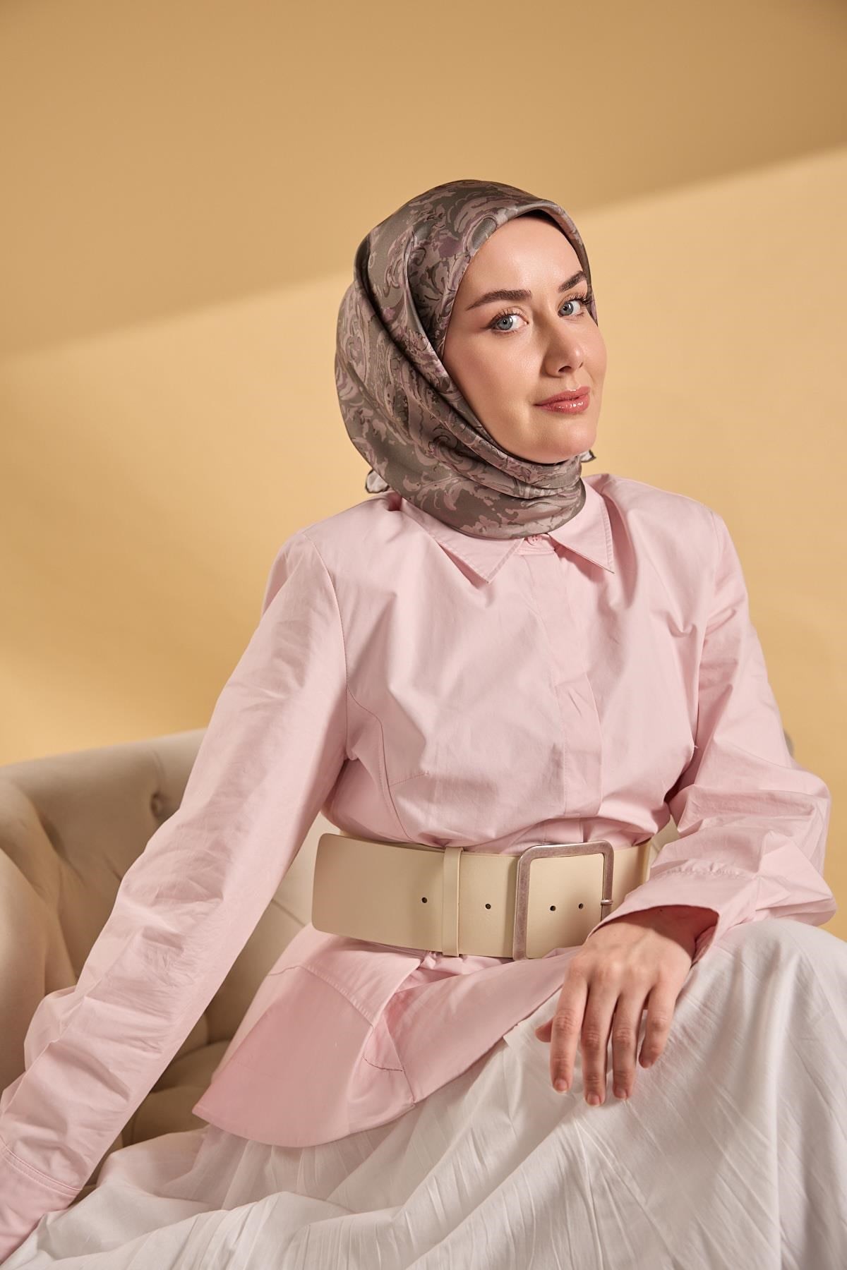 Twill İpek Eşarp Royale Şal Desen Yeşil Gri 90x90