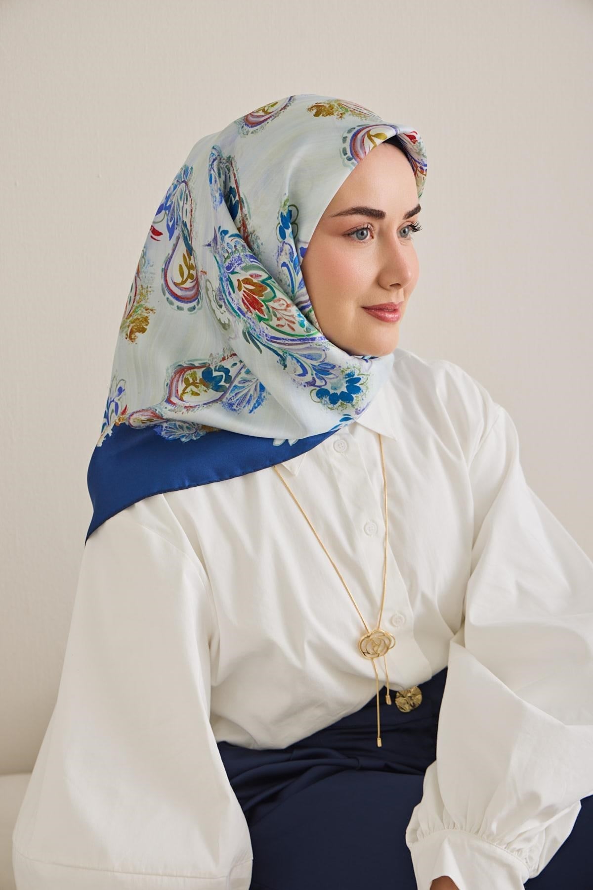 Twill İpek Eşarp Şal Desen Bebe Mavi 90x90