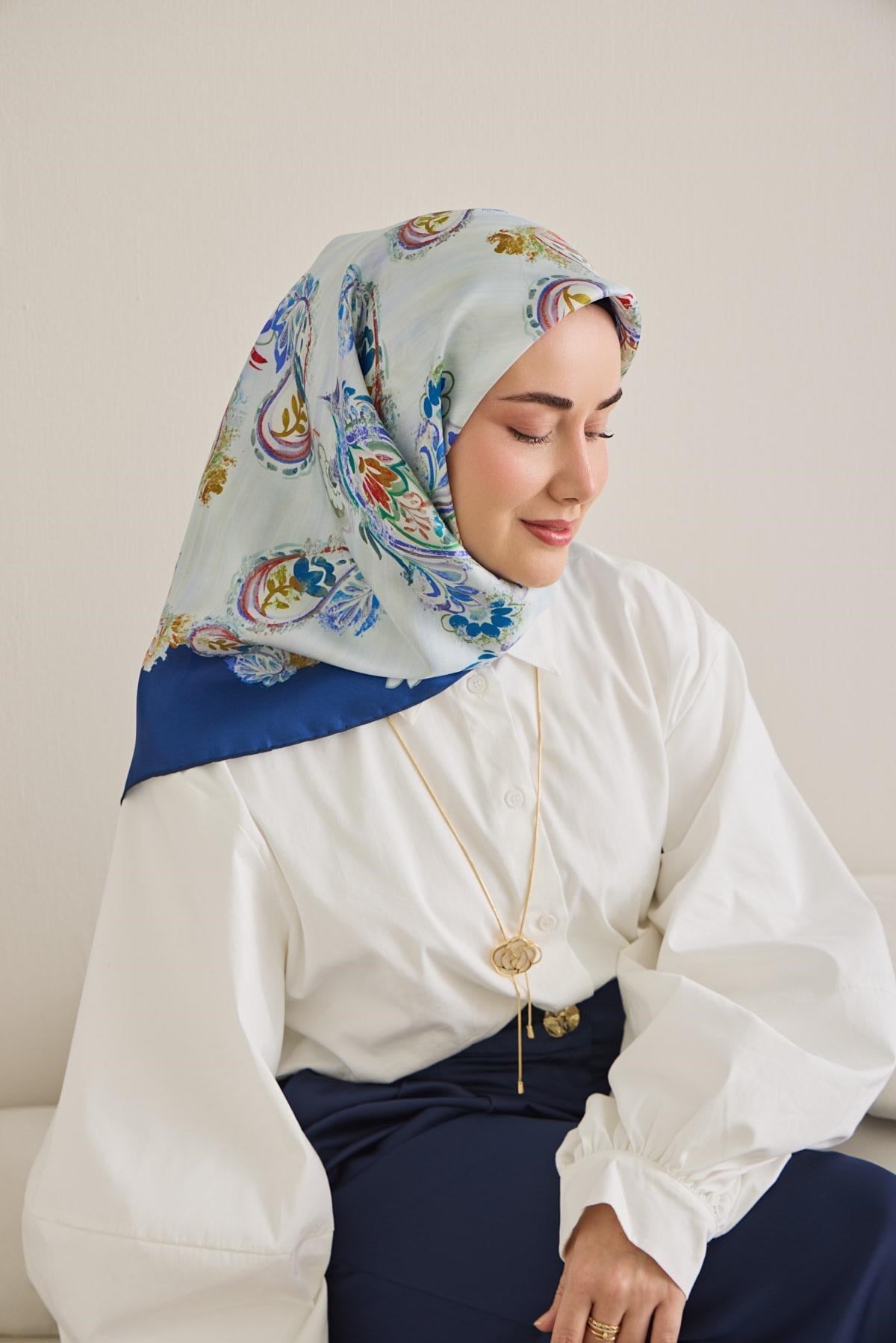 Twill İpek Eşarp Şal Desen Bebe Mavi 90x90