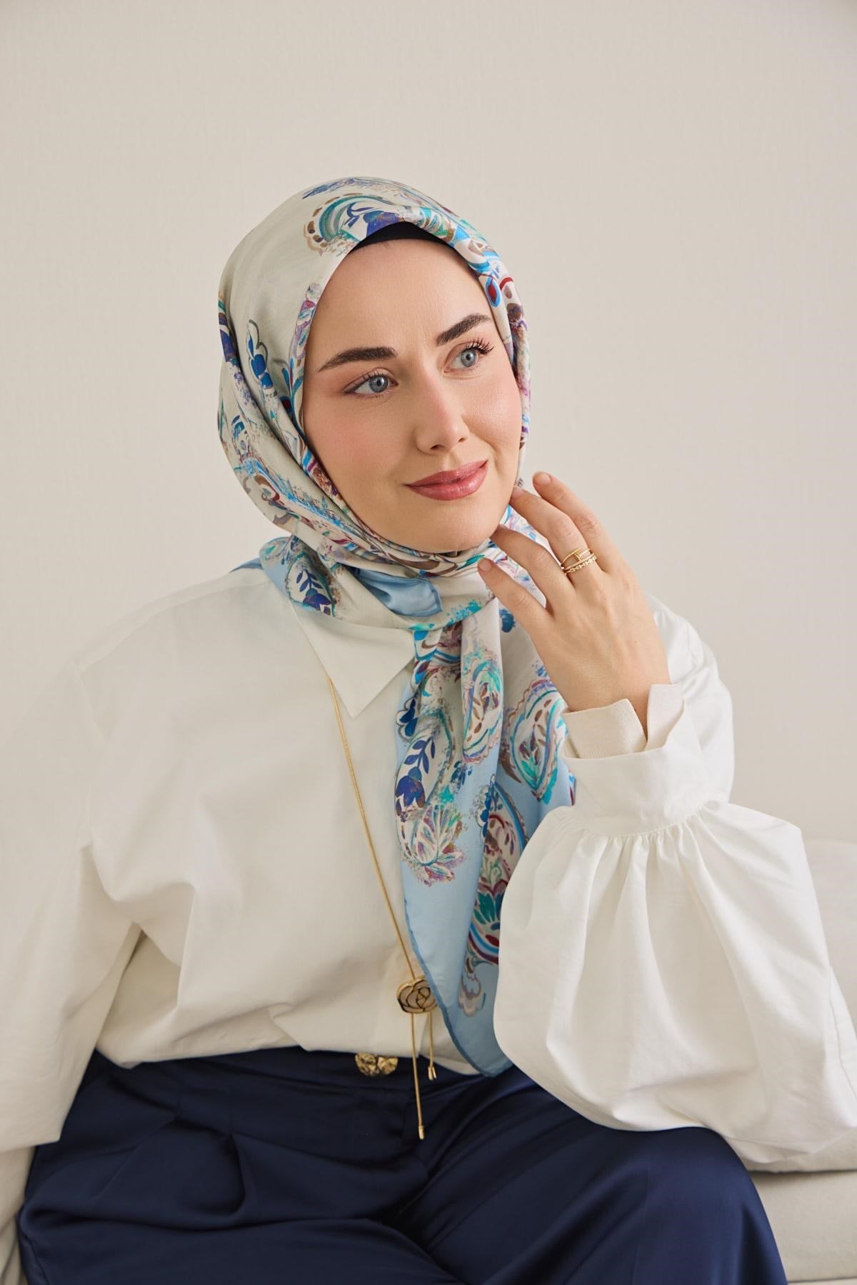 Twill İpek Eşarp Şal Desen Ekru 90x90