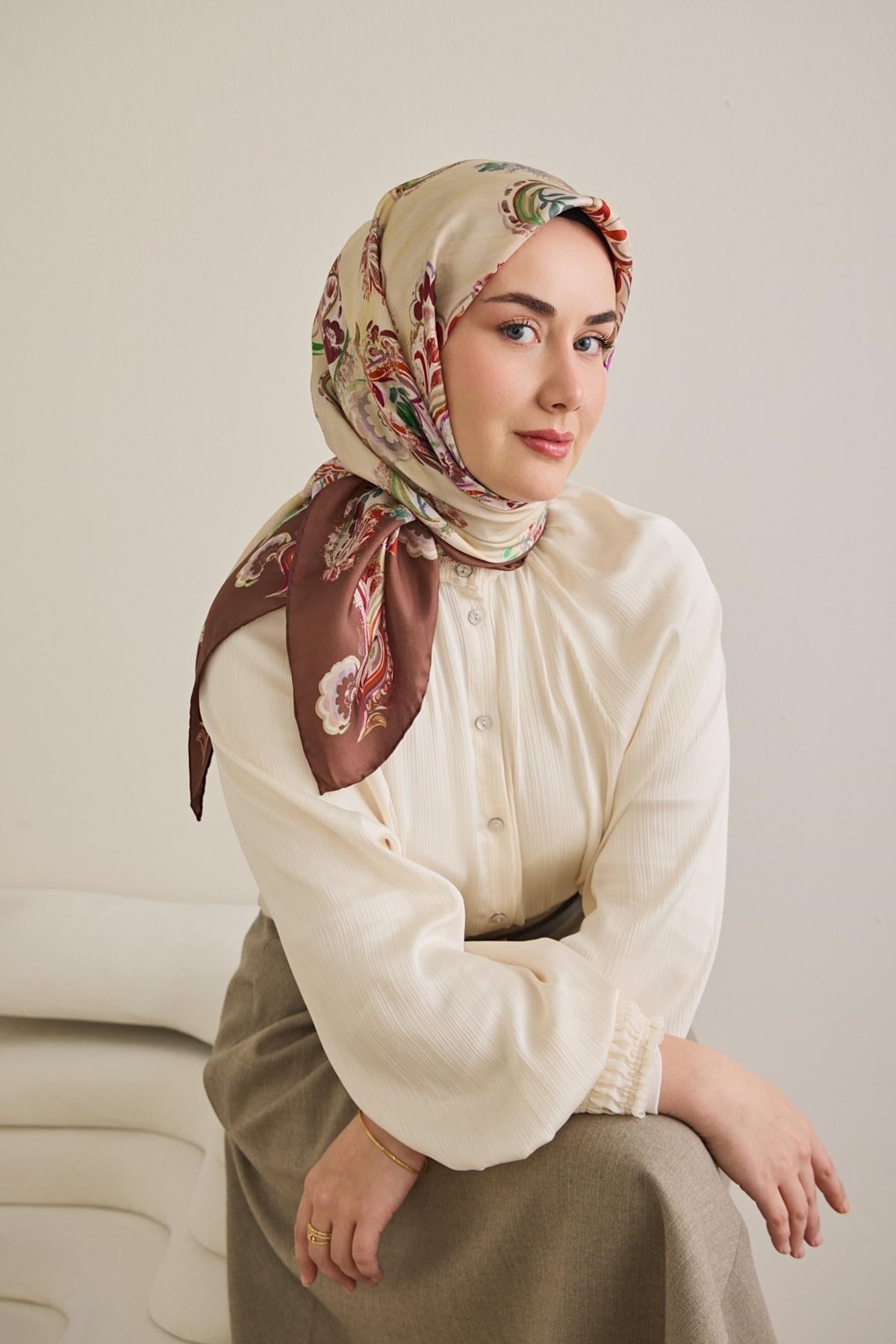 Twill İpek Eşarp Şal Desen Fildişi 90x90