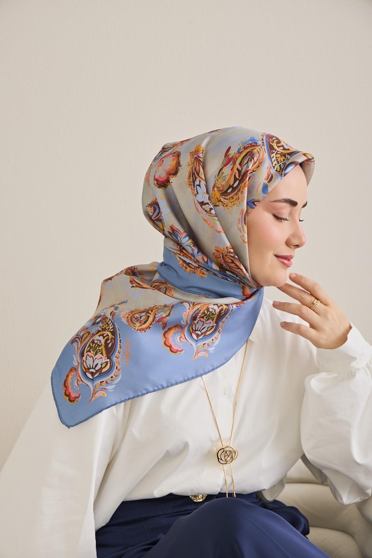 Twill İpek Eşarp Şal Desen Gök Mavi 90x90