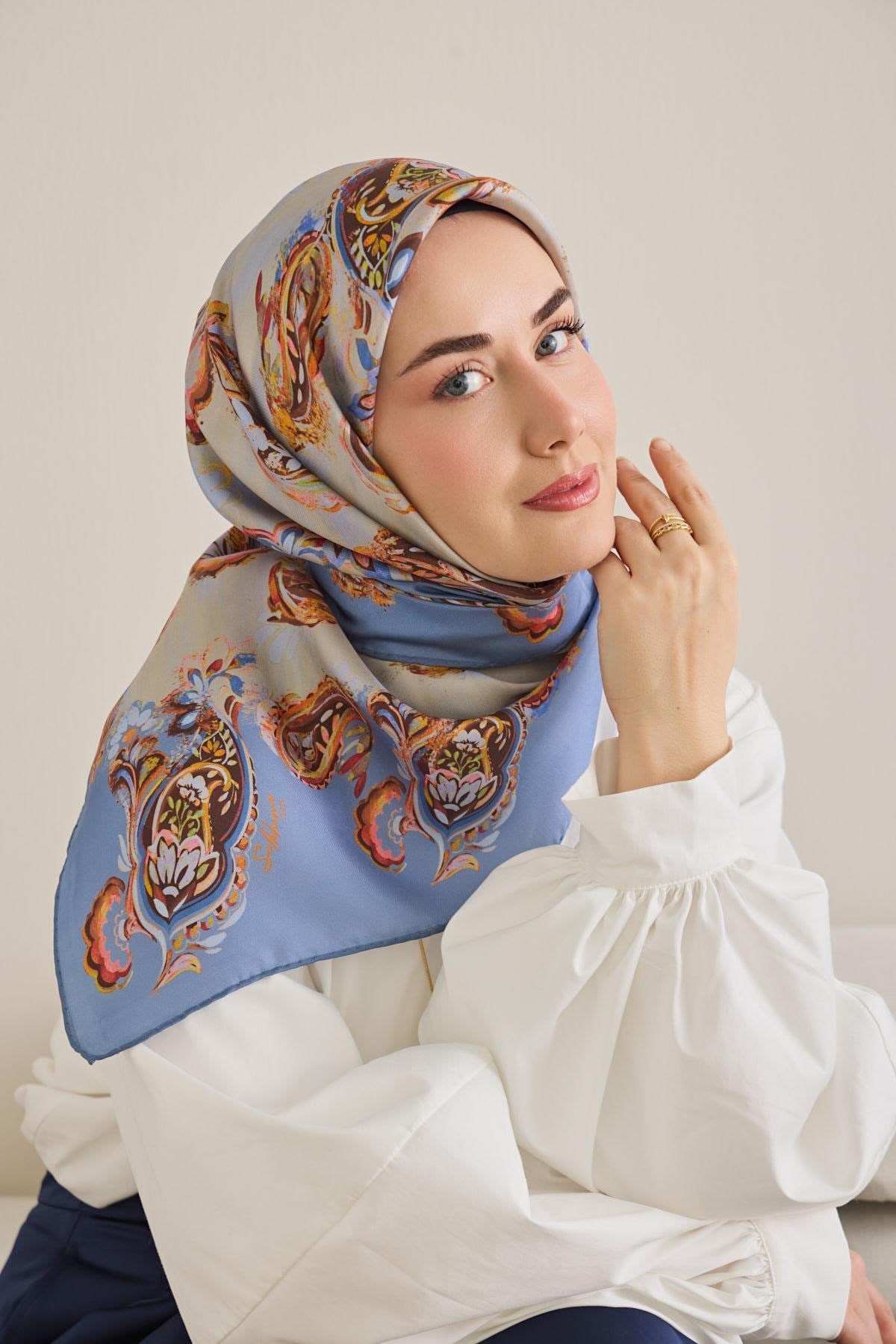 Twill İpek Eşarp Şal Desen Gök Mavi 90x90