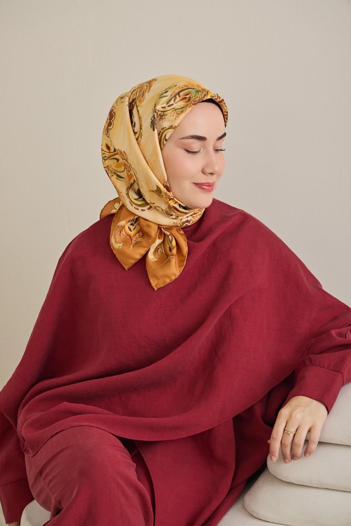 Twill İpek Eşarp Şal Desen Koyu Turuncu 90x90