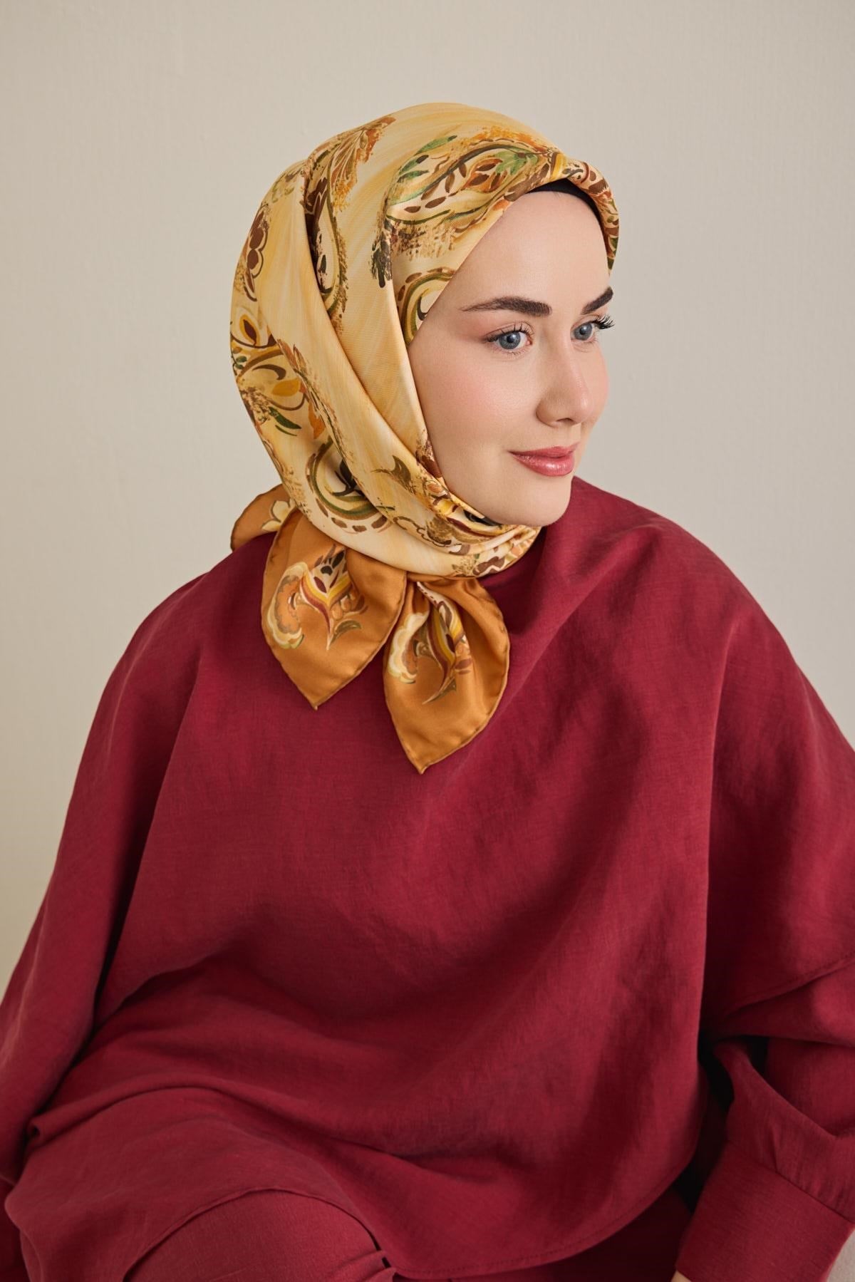 Twill İpek Eşarp Şal Desen Koyu Turuncu 90x90