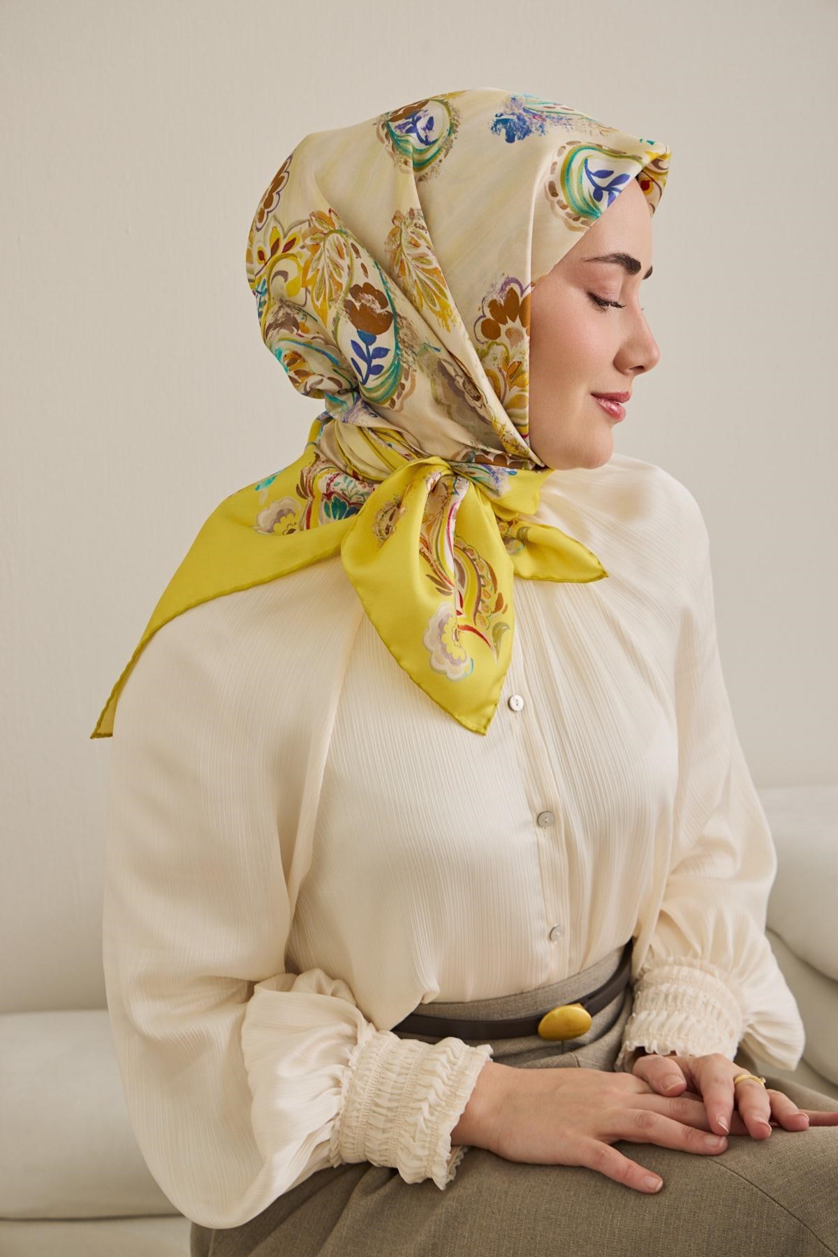 Twill İpek Eşarp Şal Desen Sarı 90x90