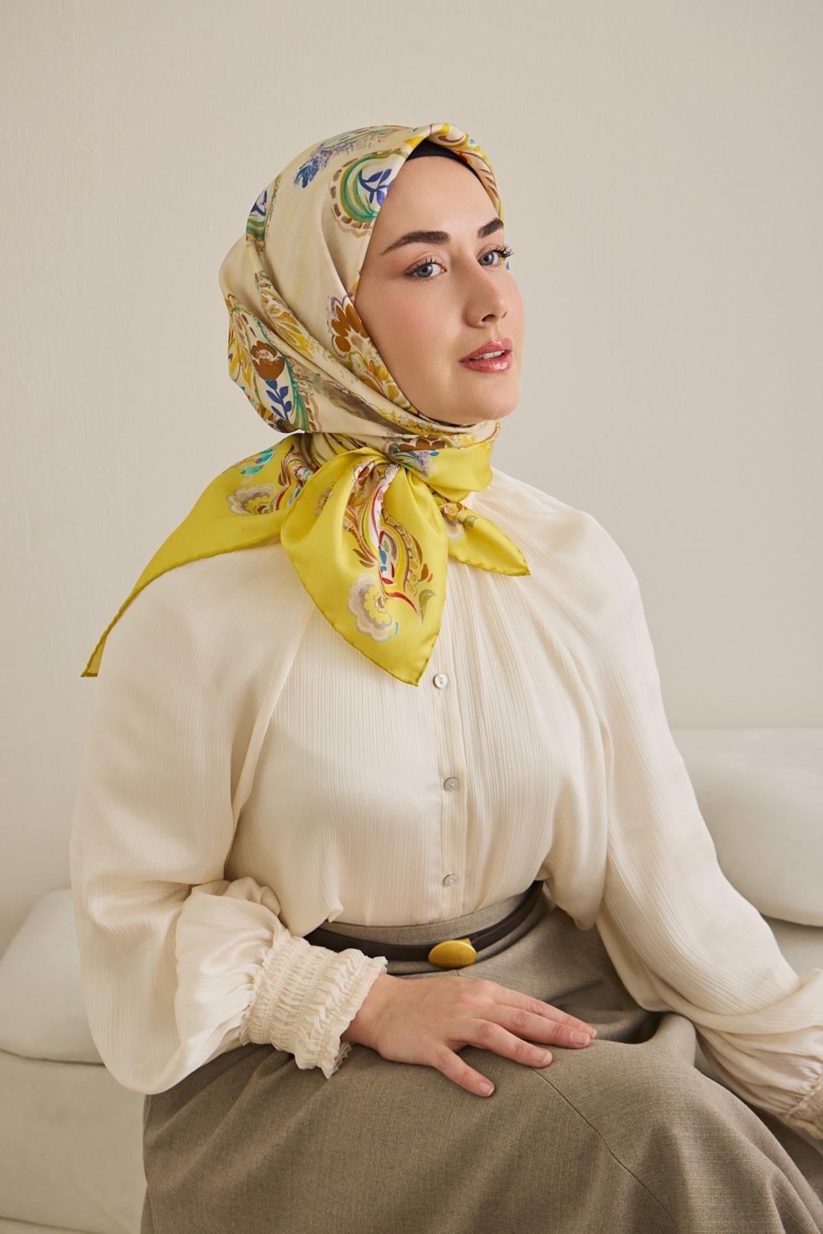 Twill İpek Eşarp Şal Desen Sarı 90x90