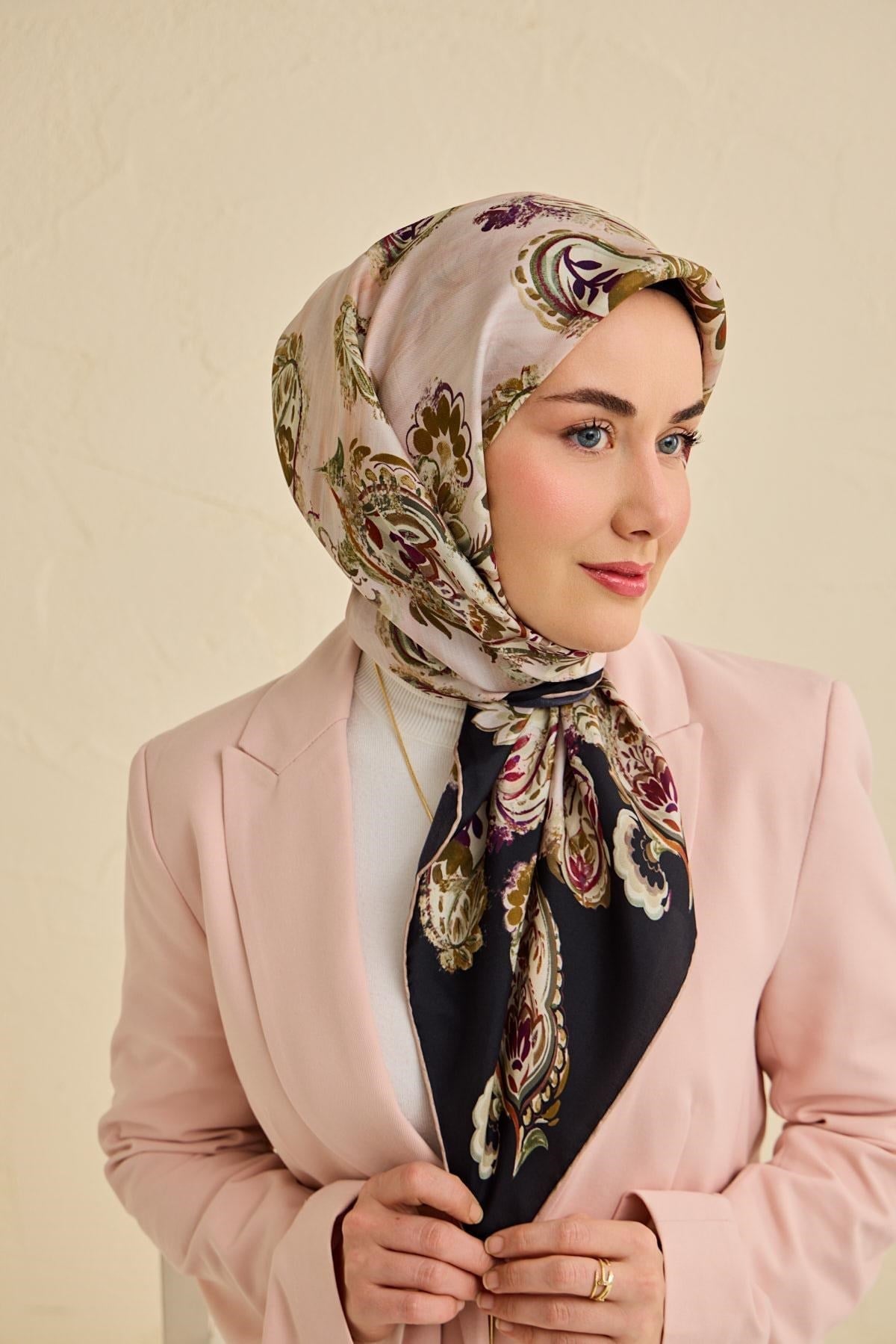 Twill İpek Eşarp Şal Desen Siyah 90x90