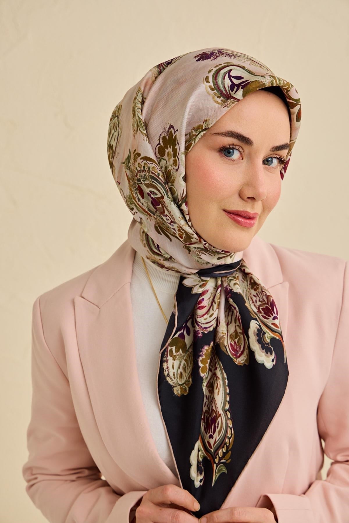 Twill İpek Eşarp Şal Desen Siyah 90x90