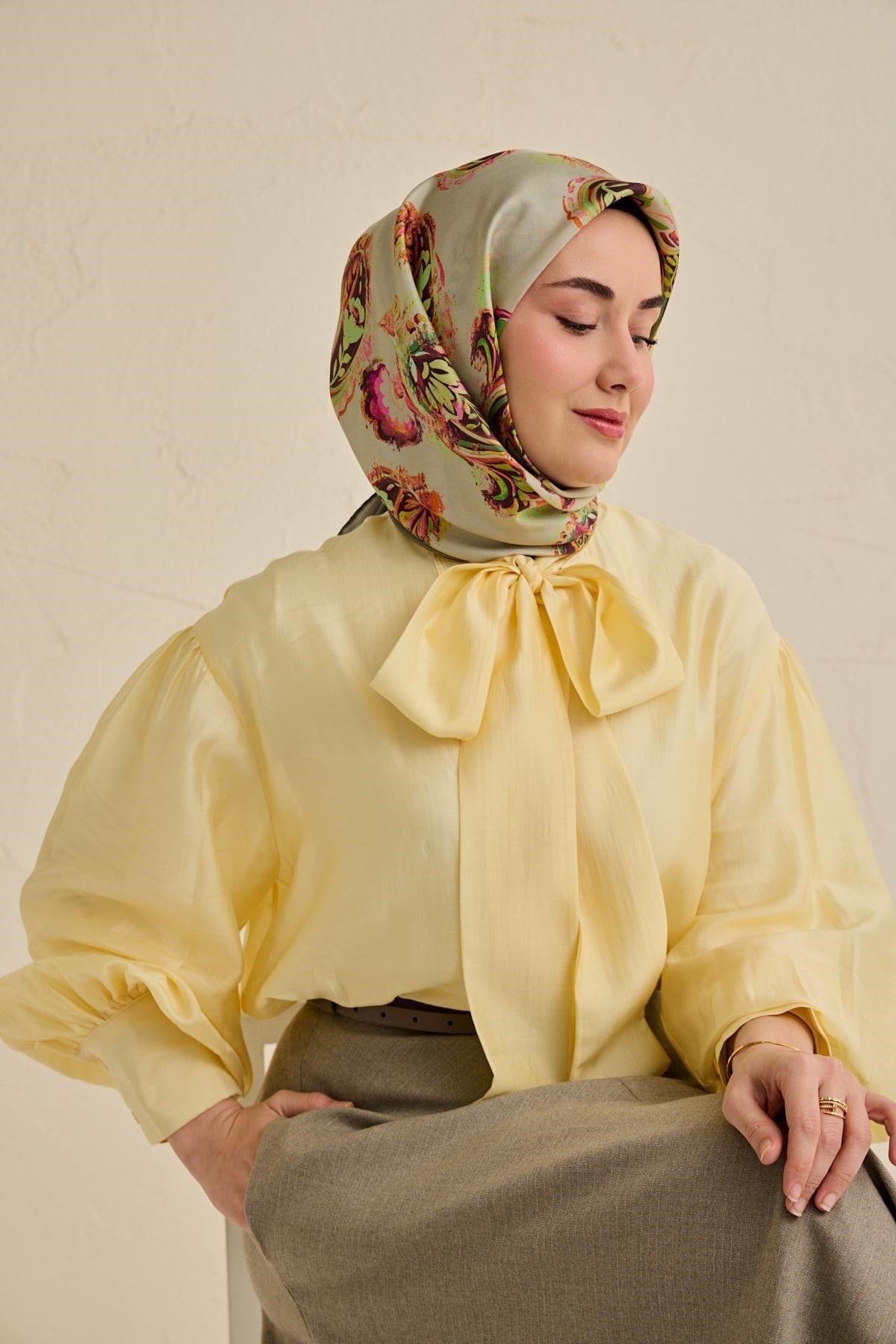 Twill İpek Eşarp Şal Desen Su Yeşili 90x90
