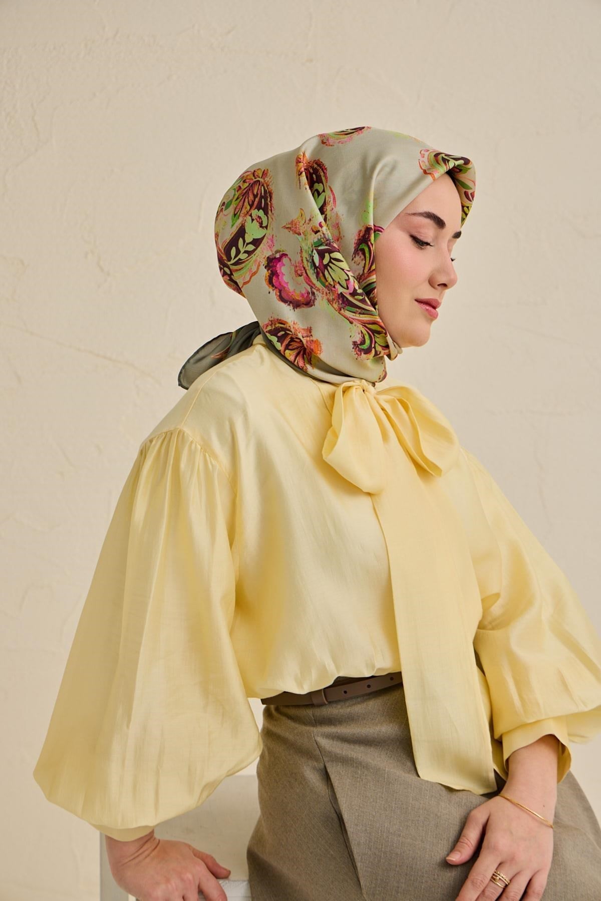 Twill İpek Eşarp Şal Desen Su Yeşili 90x90
