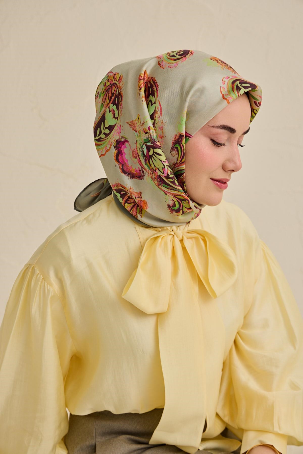 Twill İpek Eşarp Şal Desen Su Yeşili 90x90