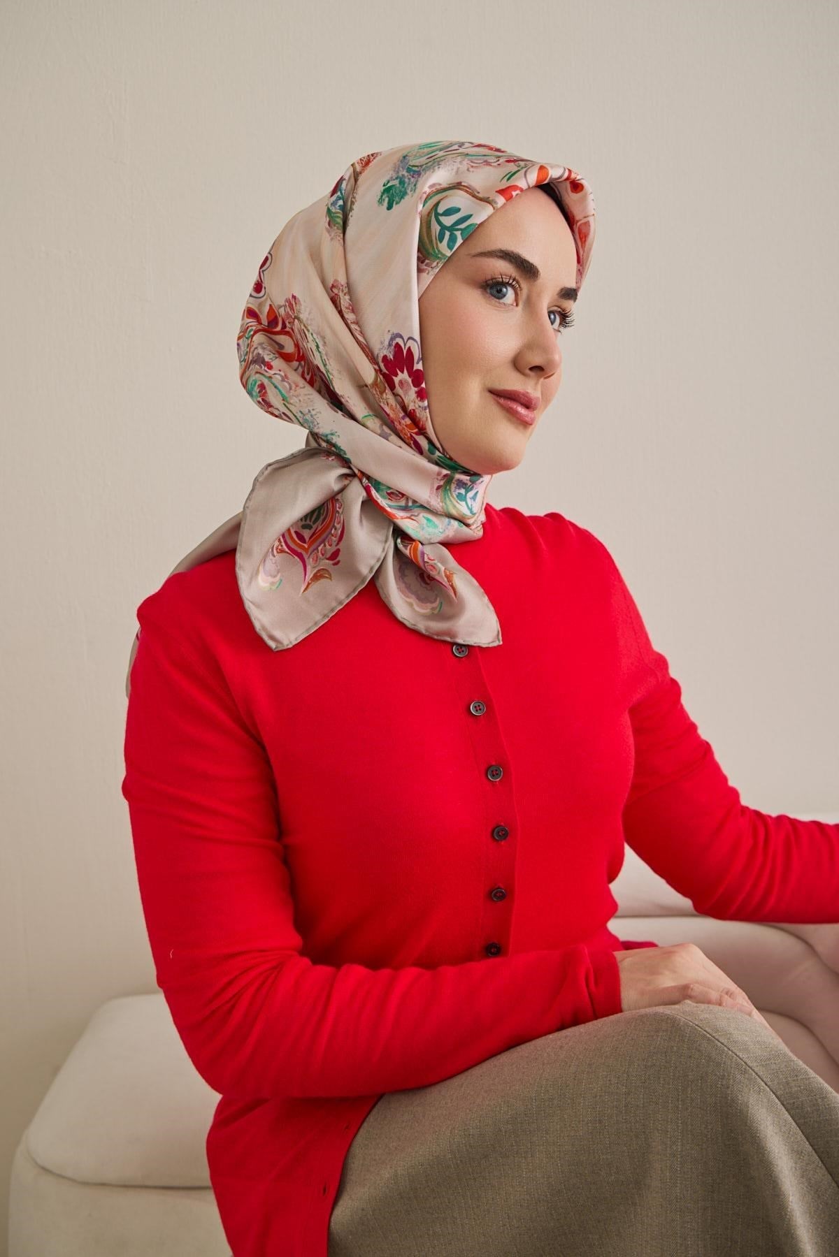 Twill İpek Eşarp Şal Desen Uçuk Gri 90x90