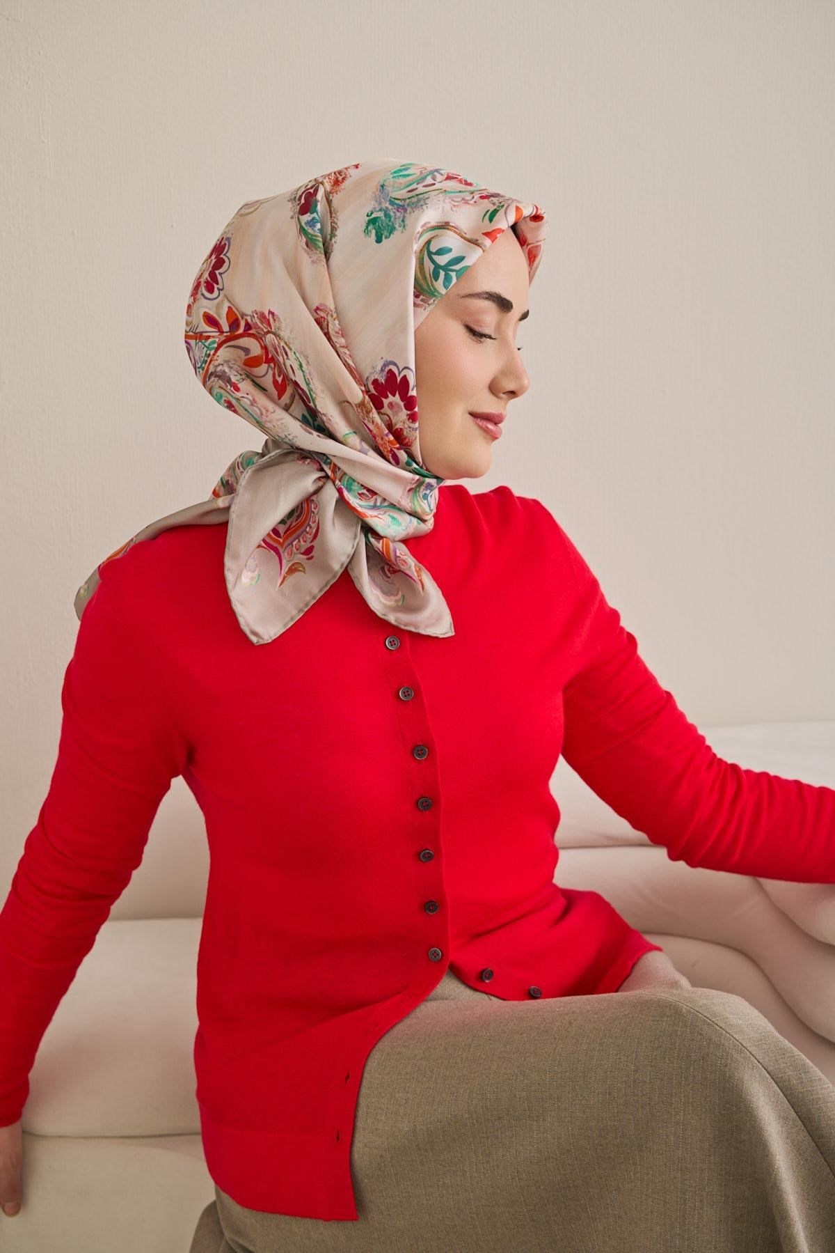 Twill İpek Eşarp Şal Desen Uçuk Gri 90x90