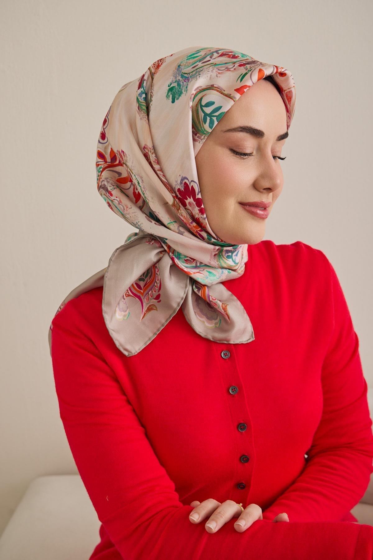 Twill İpek Eşarp Şal Desen Uçuk Gri 90x90