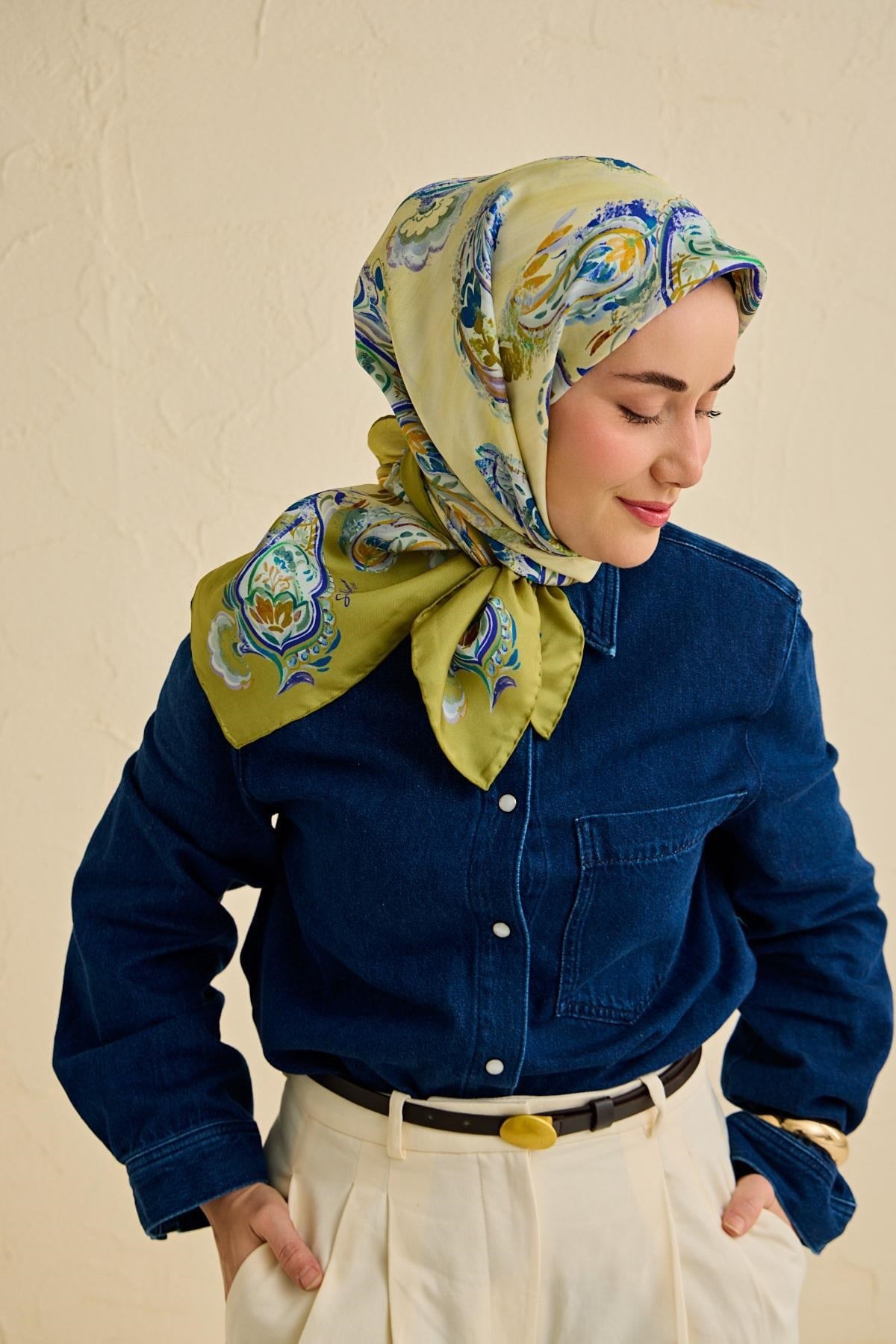 Twill İpek Eşarp Şal Desen Yeşil 90x90