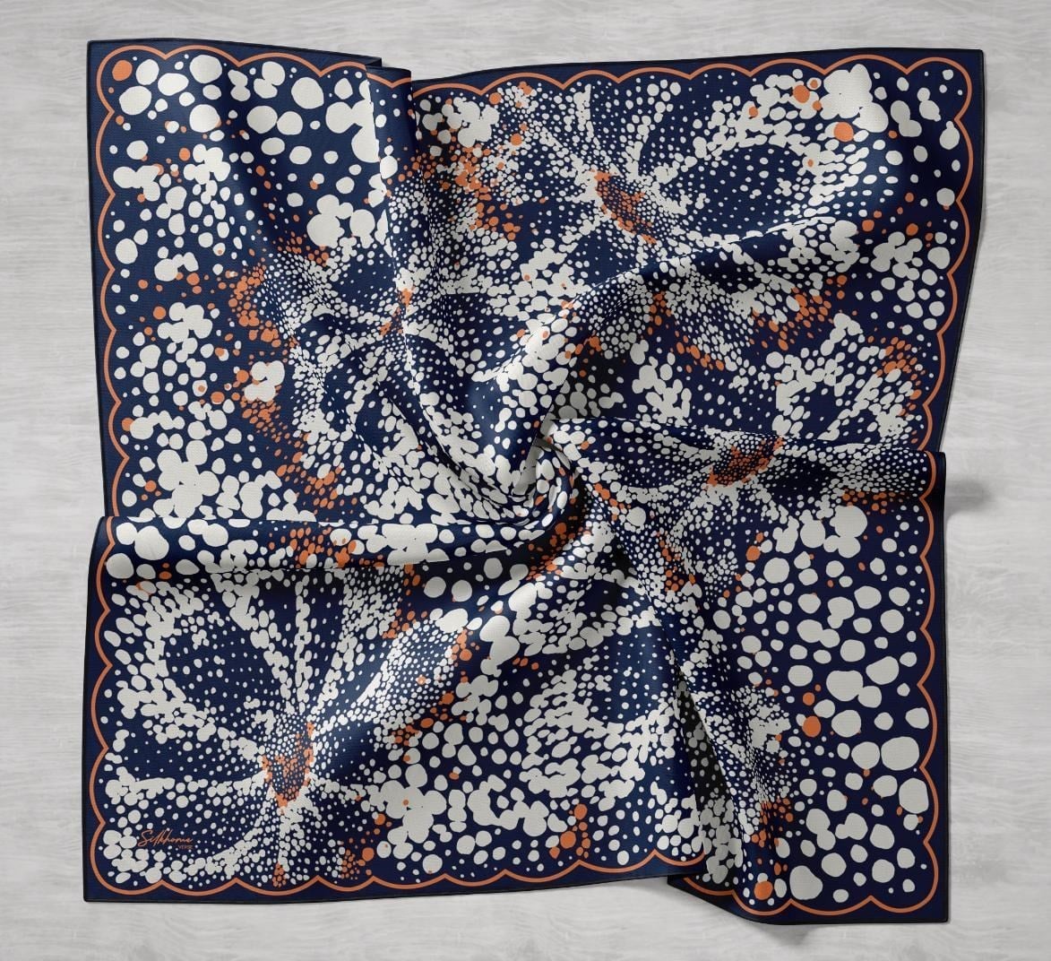 Twill İpek Eşarp Samanyolu Lacivert Turuncu 90x90