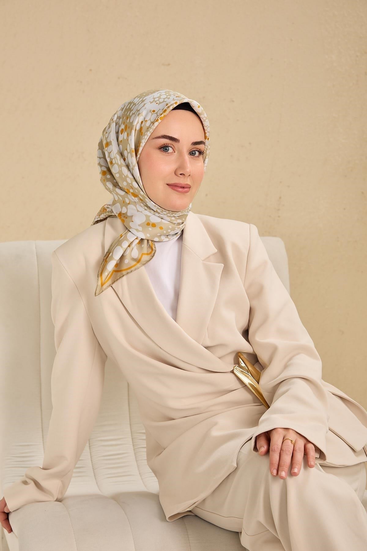 Twill İpek Eşarp Samanyolu Yeşil Bej 90x90