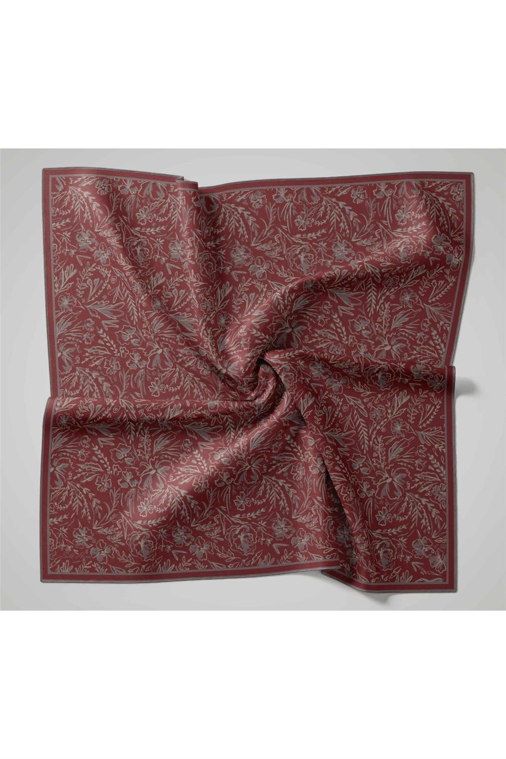 Twill İpek Eşarp Şarabi-Pastel Mor Çiçek Desenli Tok Duruşlu Kaymaz 90x90