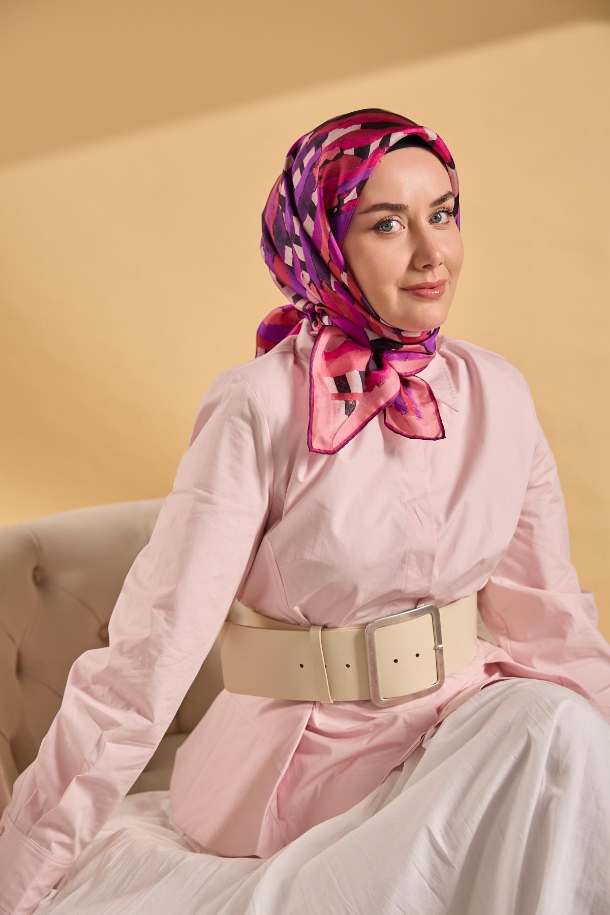 Twill İpek Eşarp Şerit Pembe