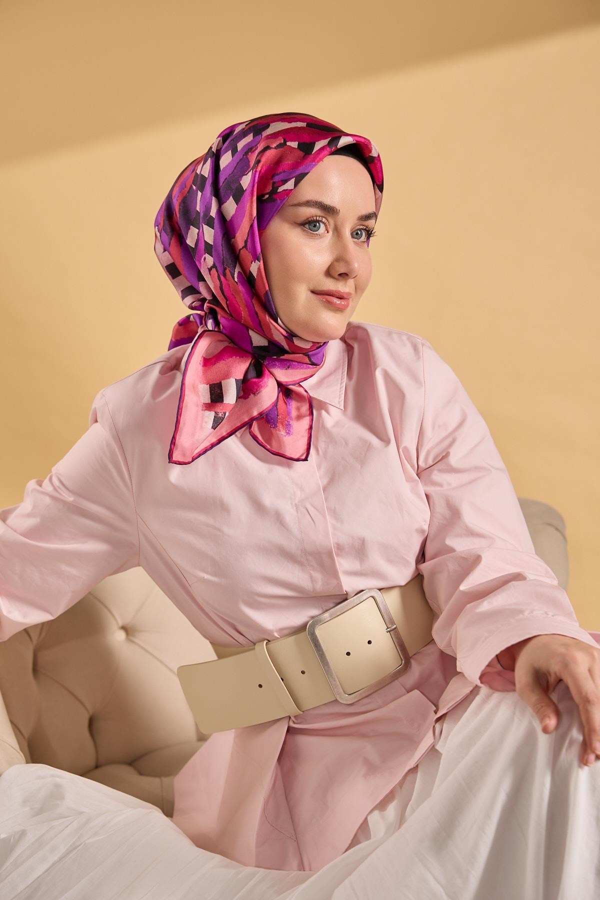 Twill İpek Eşarp Şerit Pembe