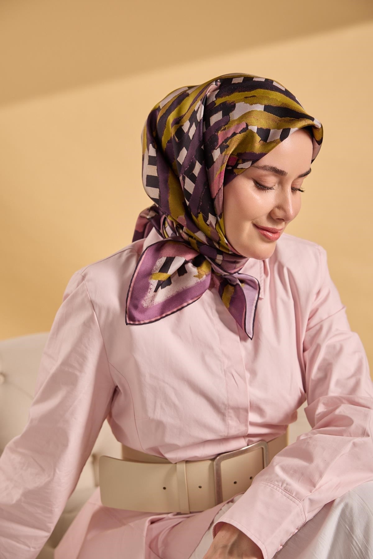 Twill İpek Eşarp Şerit Yağ Yeşili