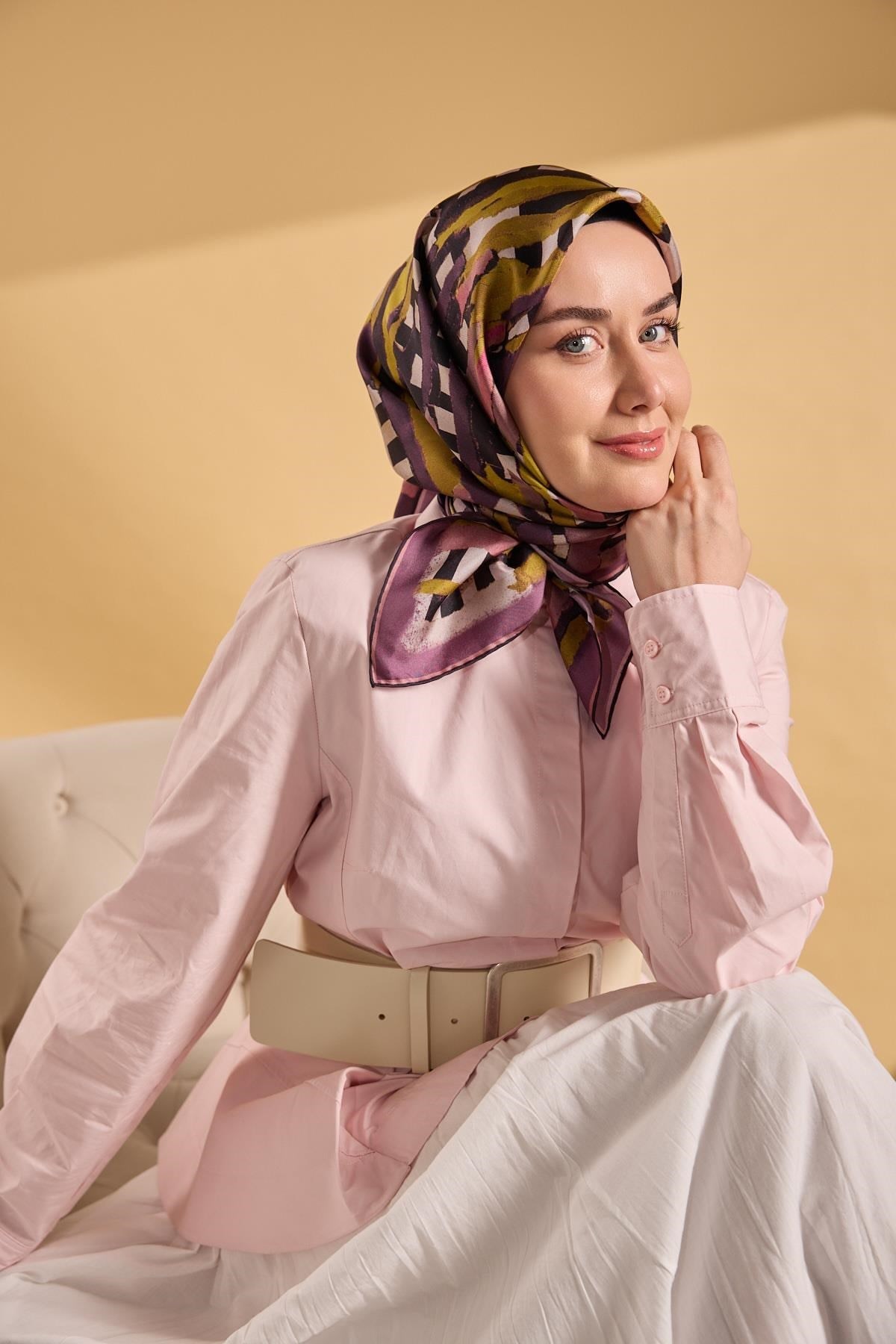 Twill İpek Eşarp Şerit Yağ Yeşili