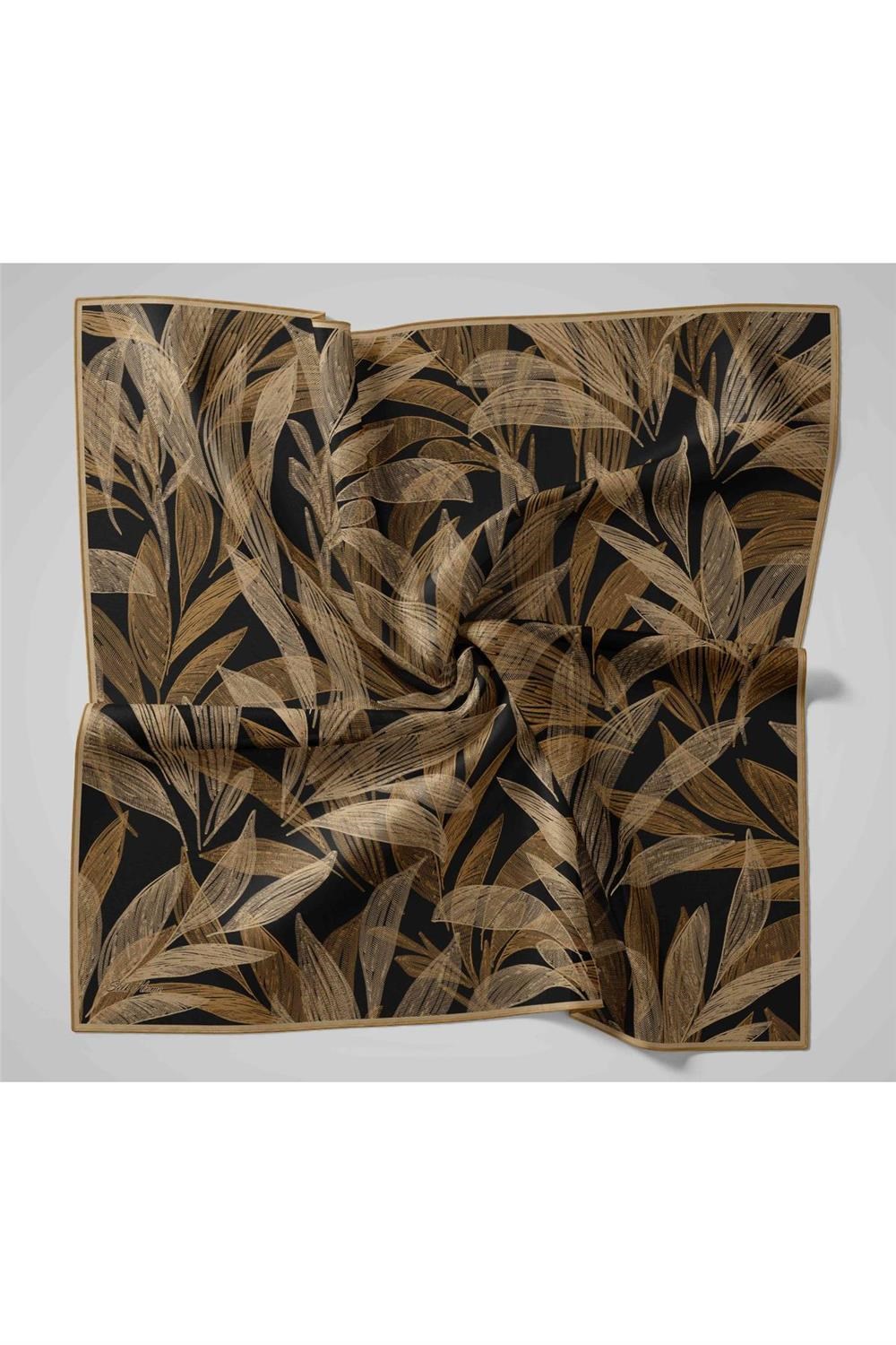 Twill İpek Eşarp Siyah-Açık Gold Gold Geçişli Kaymaz Tok Duruşlu 90x90