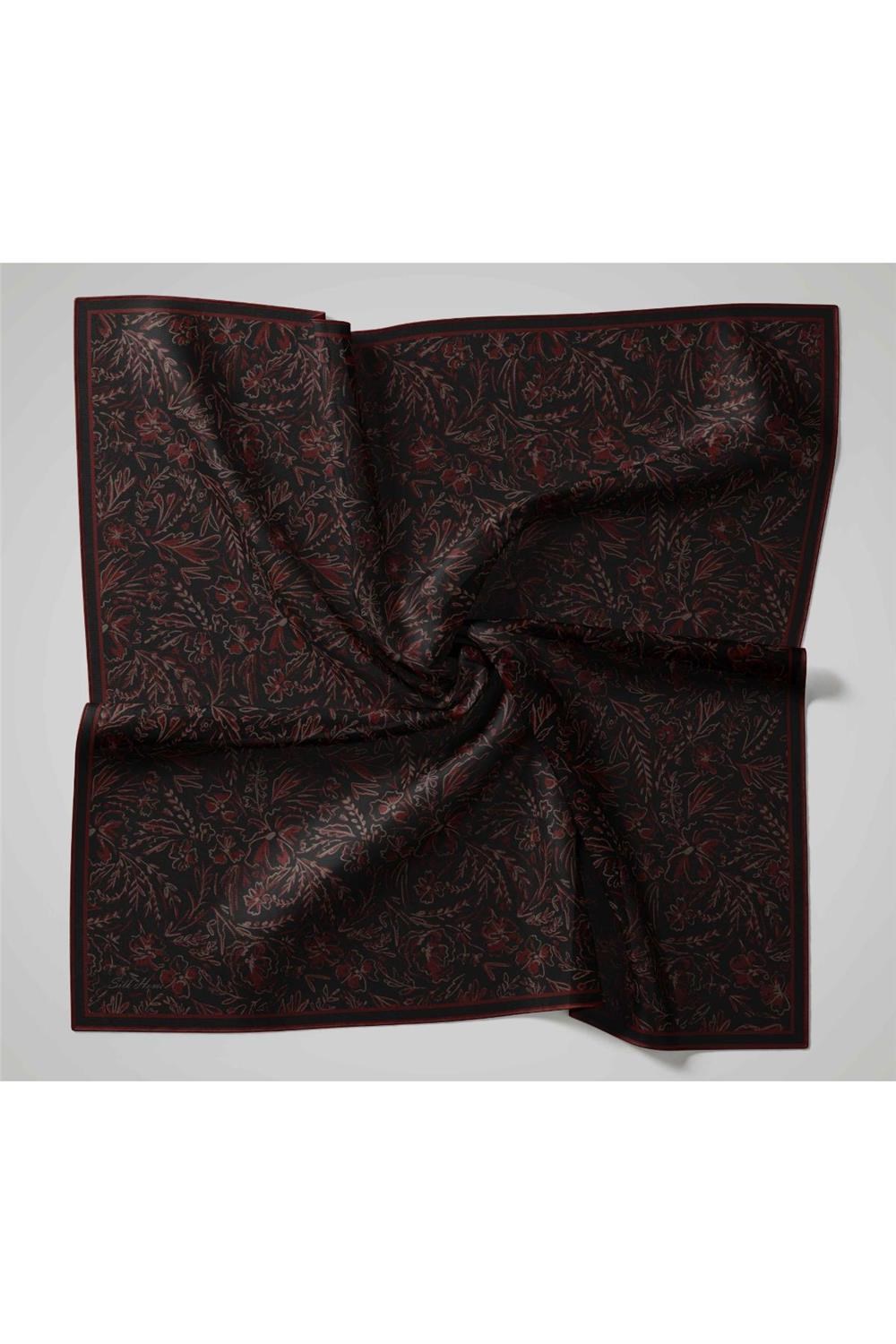 Twill İpek Eşarp Siyah Bordo Çiçek Desenli Tok Duruşlu 90x90