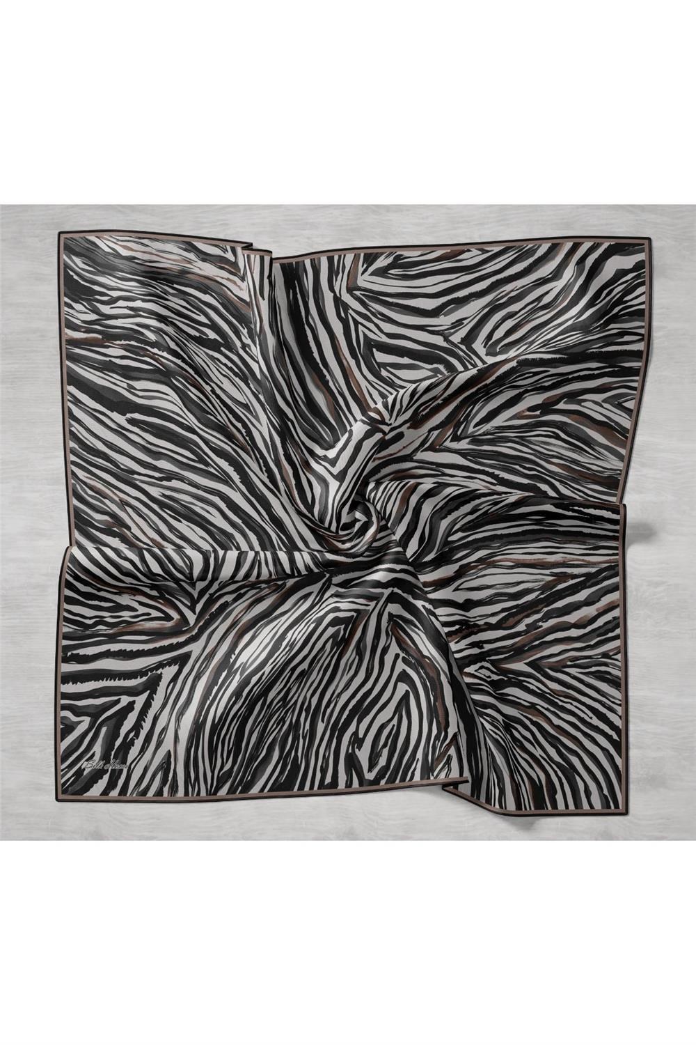 Twill İpek Eşarp Siyah Ekru Antrasit Dalga Desenli Tok Duruşlu 90x90