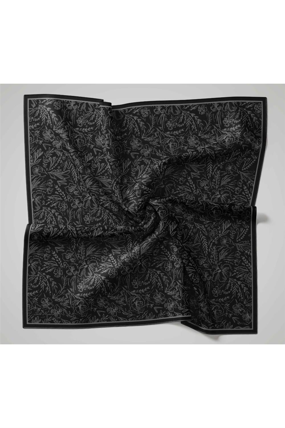 Twill İpek Eşarp Siyah Füme Çiçek Desenli Tok Duruşlu 90x90