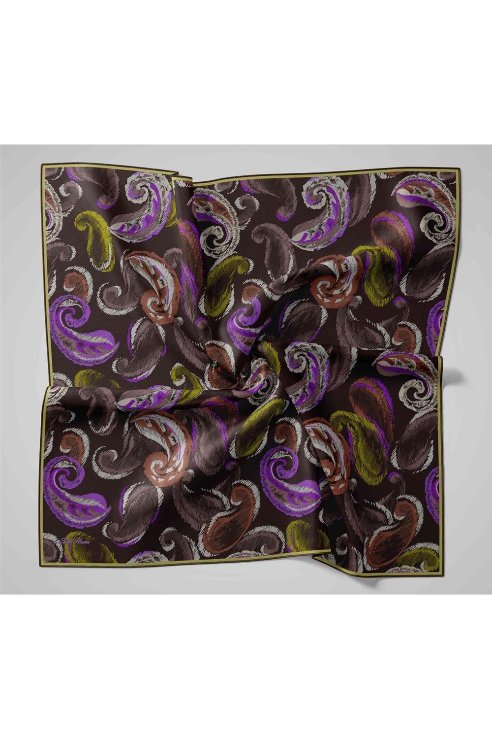 Twill İpek Eşarp Siyah-Funda Desenli Tok Duruşlu 90x90