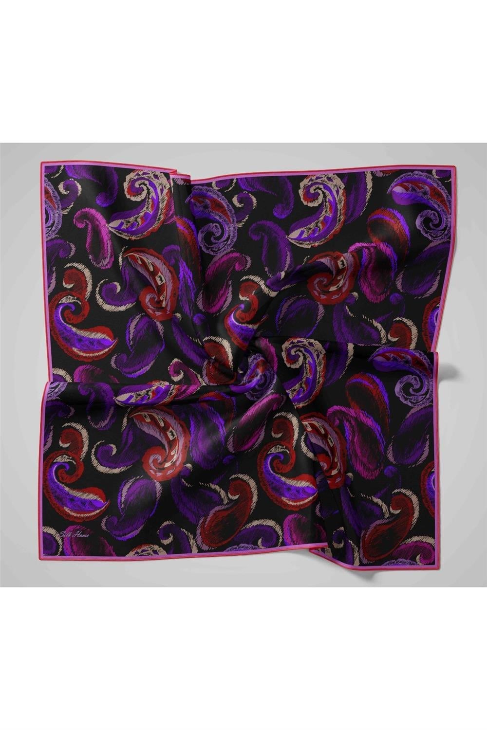 Twill İpek Eşarp Siyah-Fuşya Desenli Tok Duruşlu 90x90