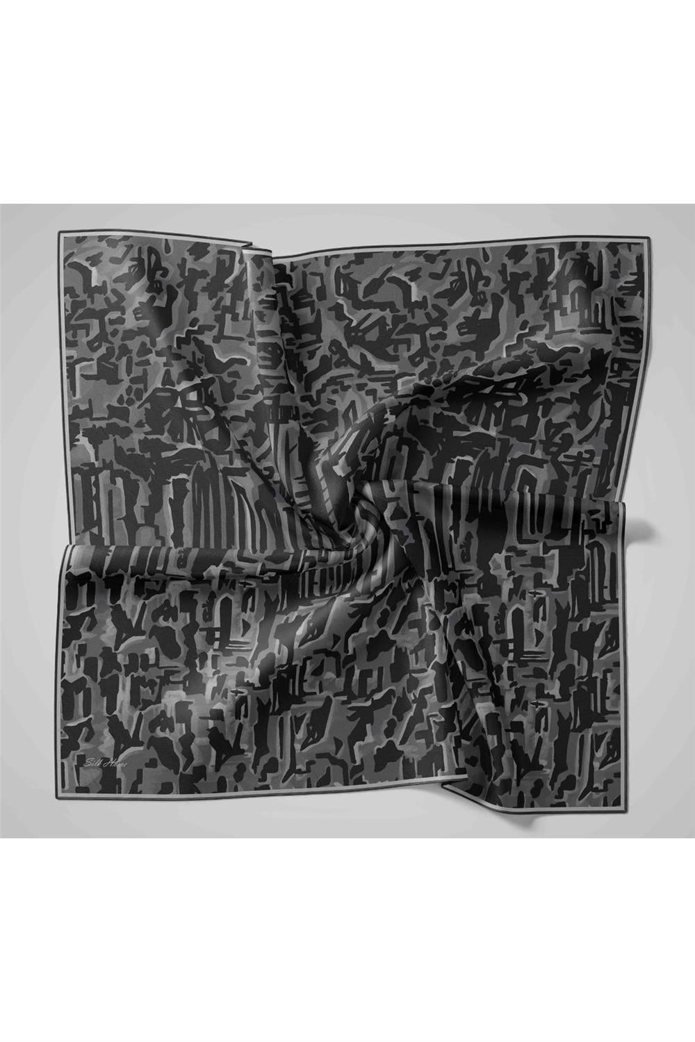 Twill İpek Eşarp Siyah-Gümüş Kamuflaj Desenli Tok Duruşlu 90x90
