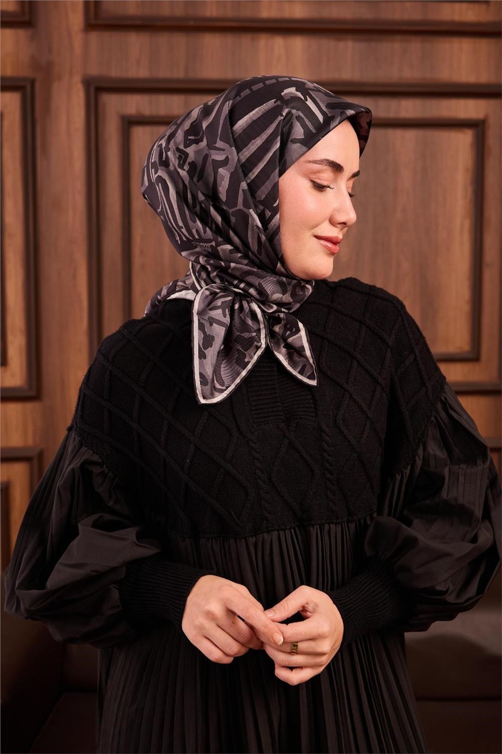 Twill İpek Eşarp Siyah-Gümüş Kamuflaj Desenli Tok Duruşlu 90x90
