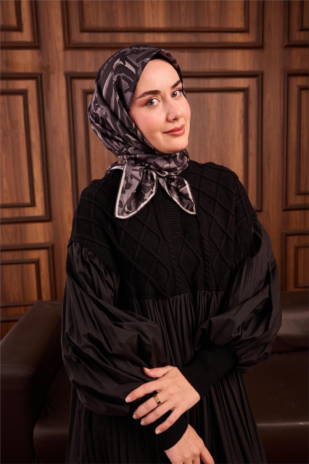 Twill İpek Eşarp Siyah-Gümüş Kamuflaj Desenli Tok Duruşlu 90x90